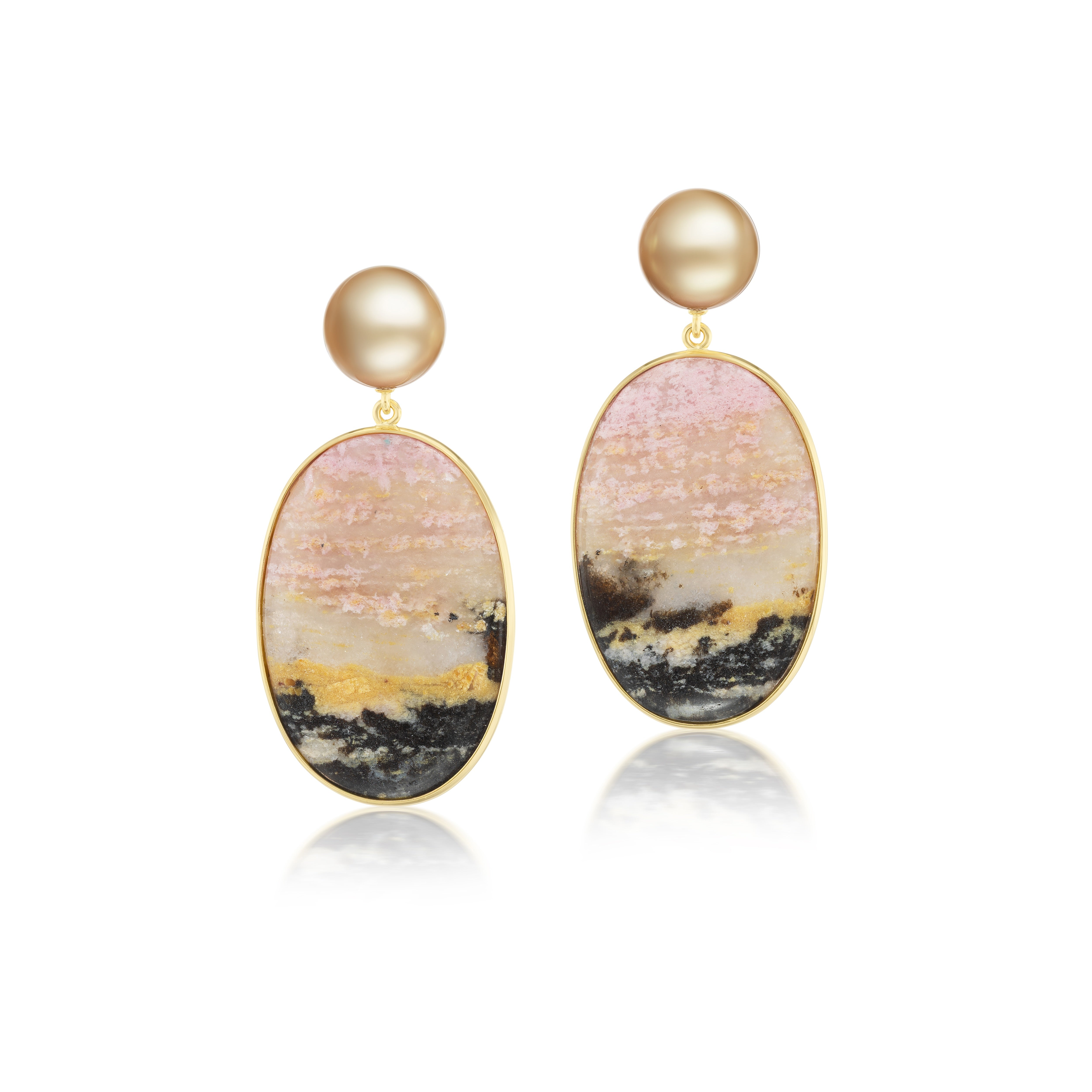 18k yellow gold pink sunset rhodochrosite and golden Mastaloni pearl drop earrings by Tiny Gods
