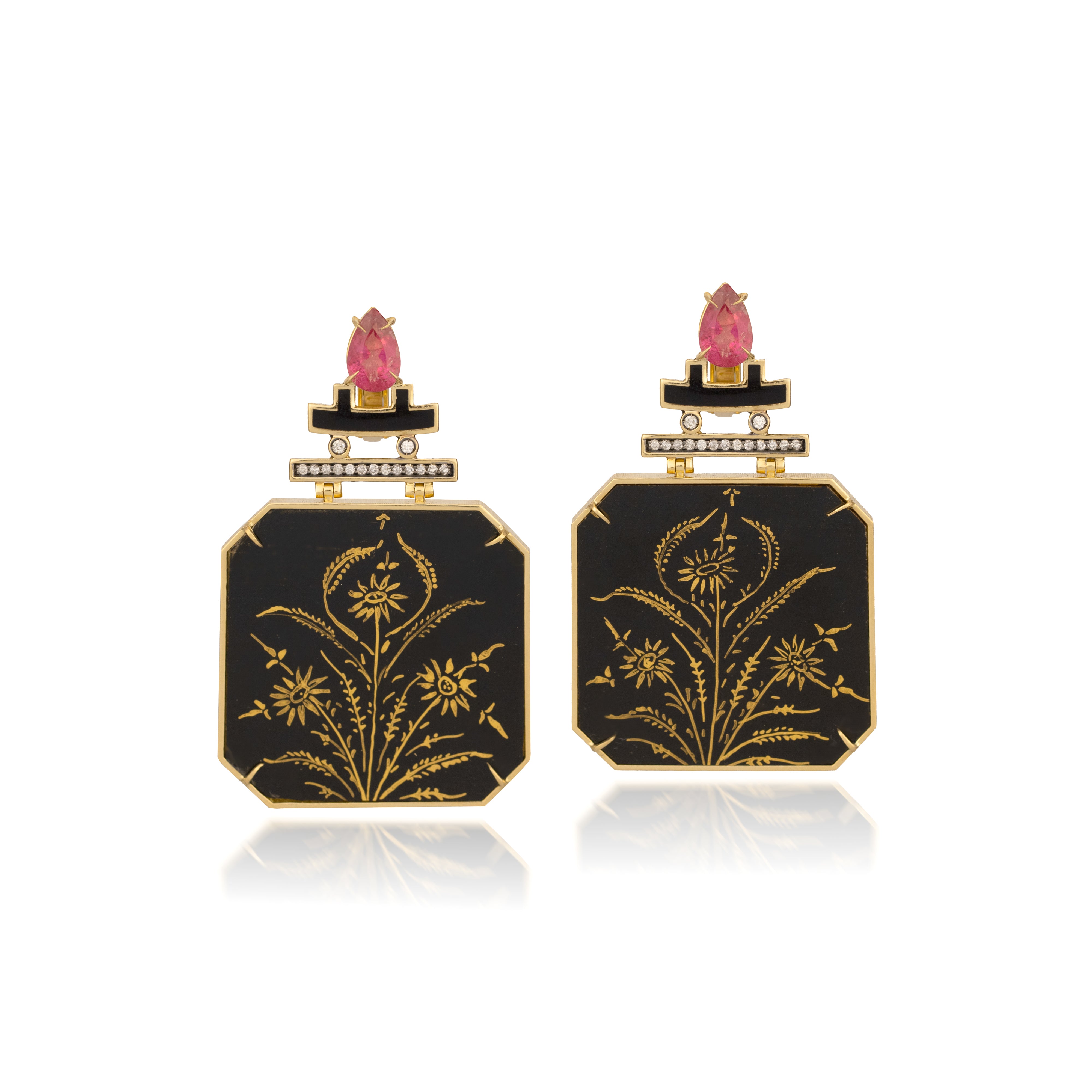 18k yellow gold diamond and pear pink tourmaline paper mache ceramic earrings with hand painted golden flower design by Silvia Furmanovich Tiny Gods
