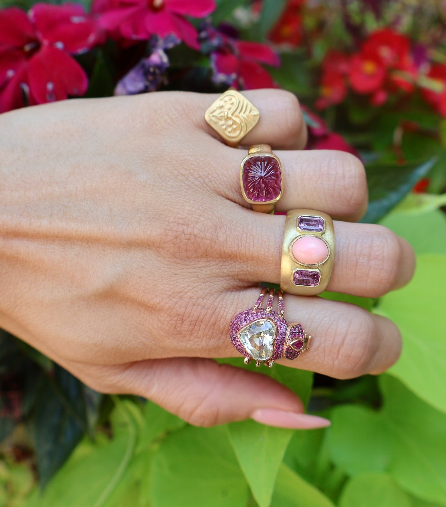 18k yellow gold carved pink tourmaline Christina Alexiou ring Tiny Gods