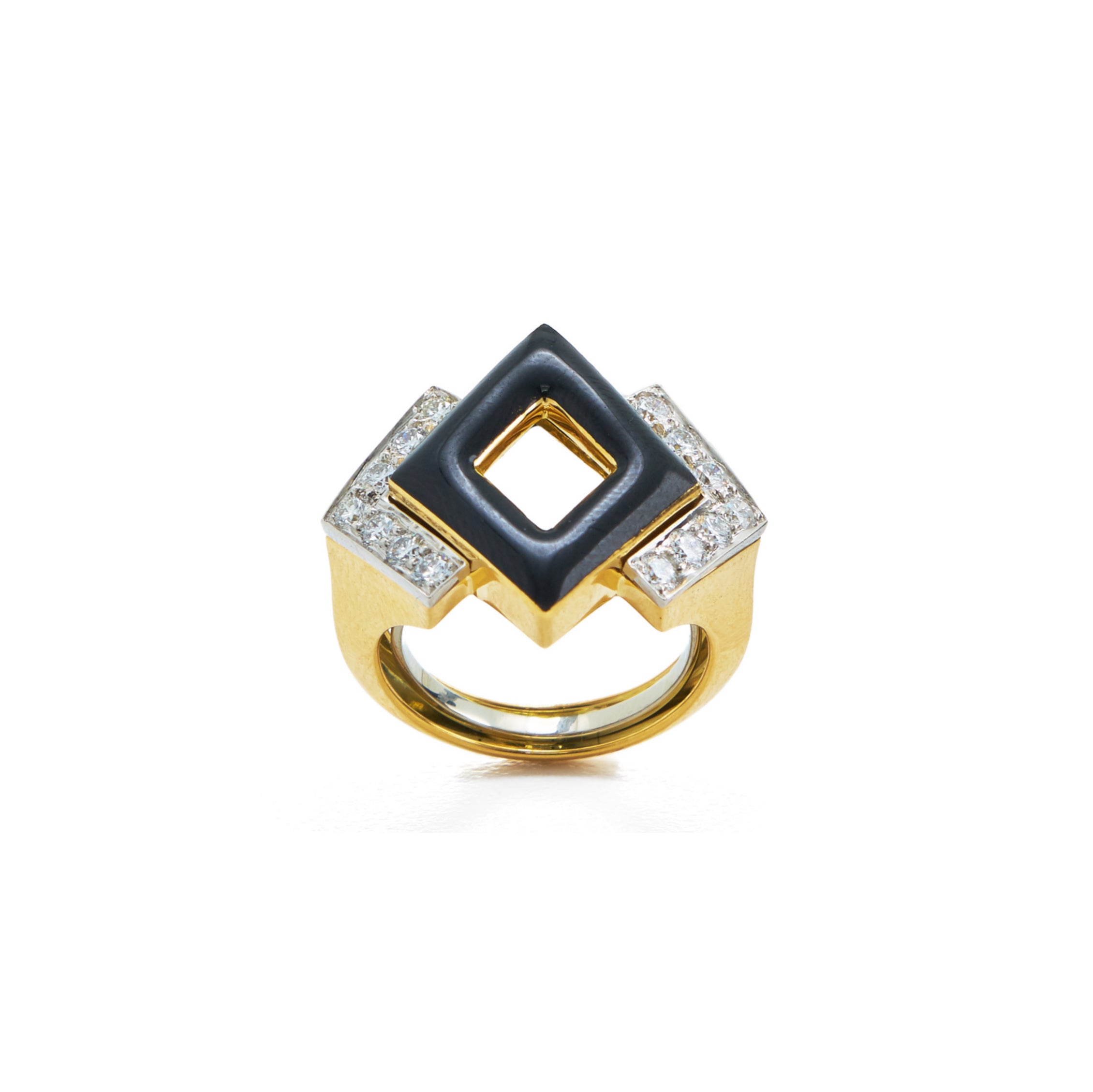 yellow gold platinum black enamel double diamond ring David Webb tiny gods