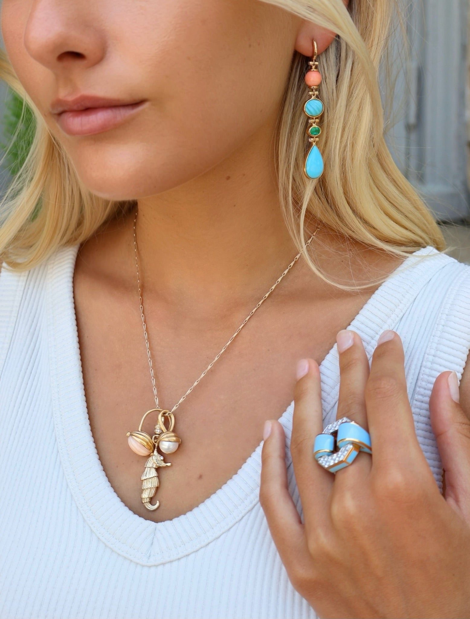 18k yellow gold and platinum diamond octagonal buckle ring with light blue enamel small by David Webb Tiny Gods