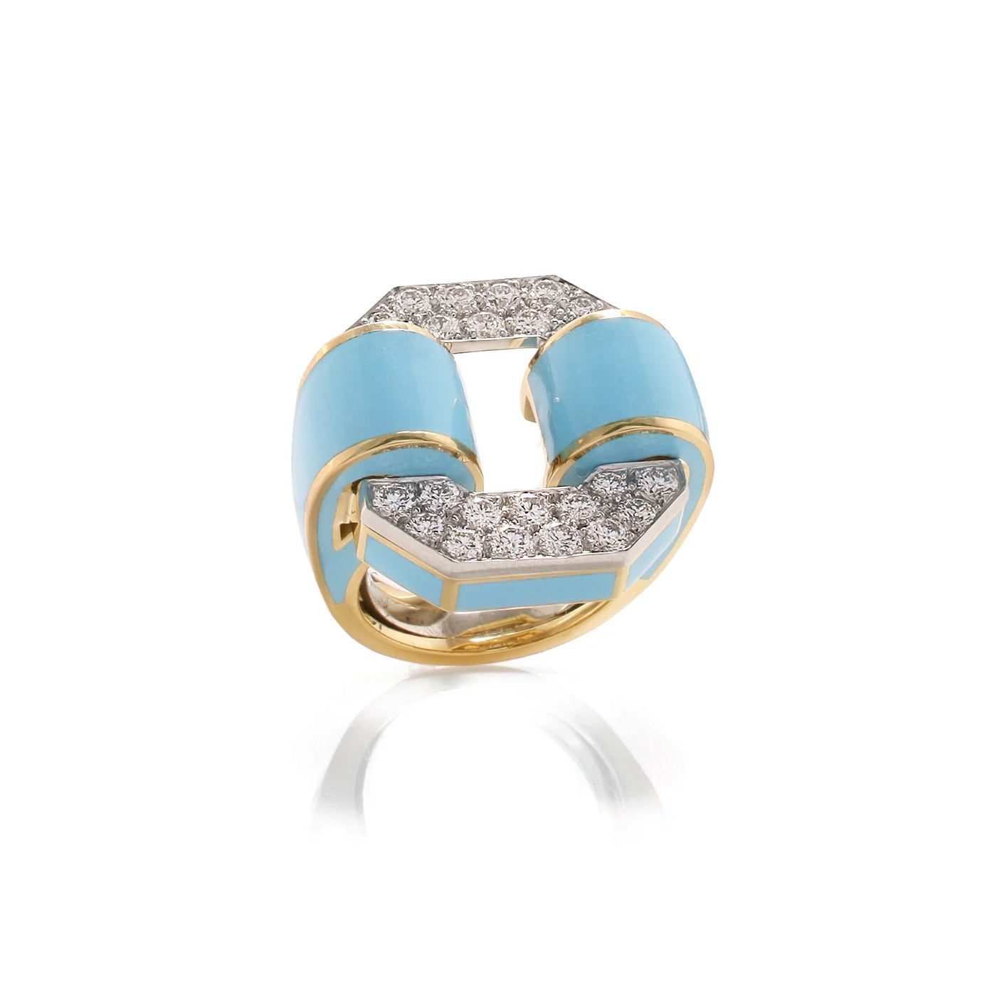 18k yellow gold and platinum diamond octagonal buckle ring with light blue enamel small by David Webb Tiny Gods