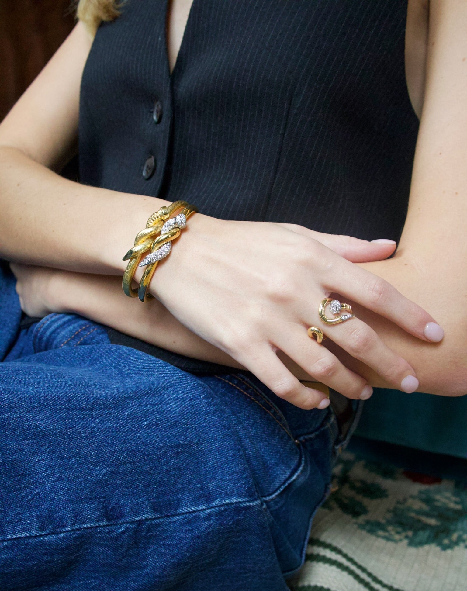 18k yellow gold and platinum brilliant cut diamond bent nail ring by David Webb Tiny Gods