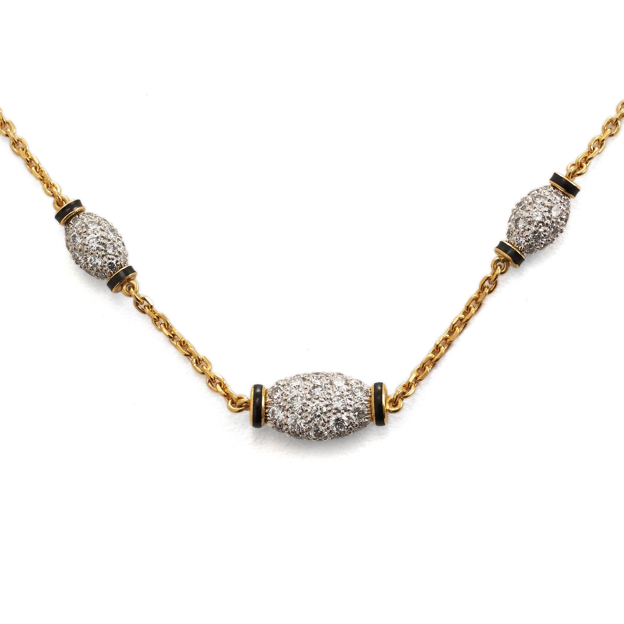 yellow gold platinum diamond three barrel necklace black enamel David Webb tiny gods