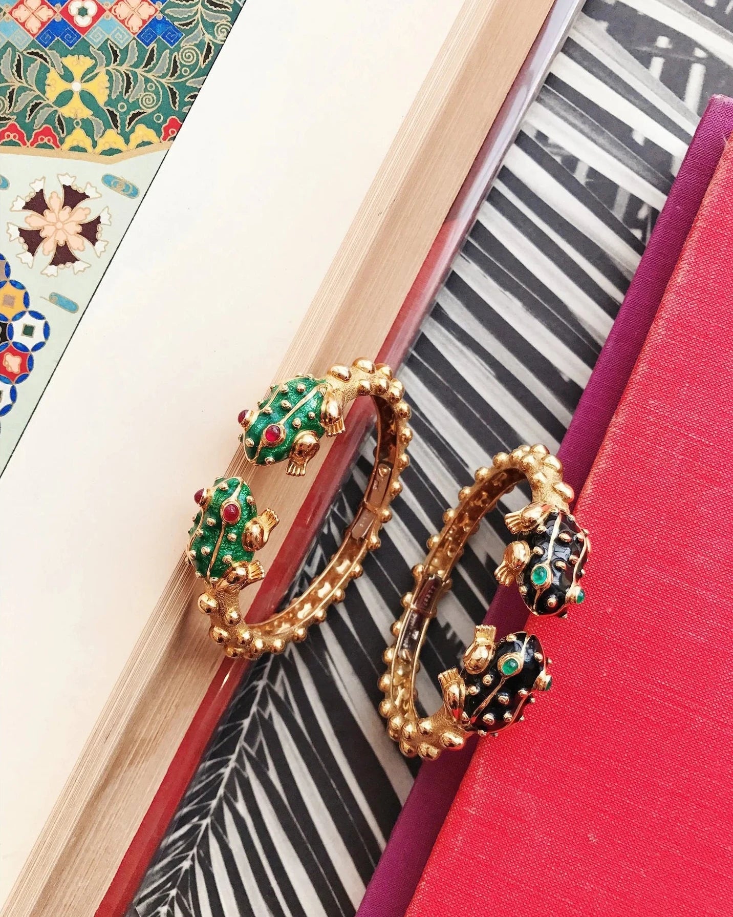 18k yellow gold green enamel baby frog bangle cuff bracelet with ruby eyes by David Webb Tiny Gods