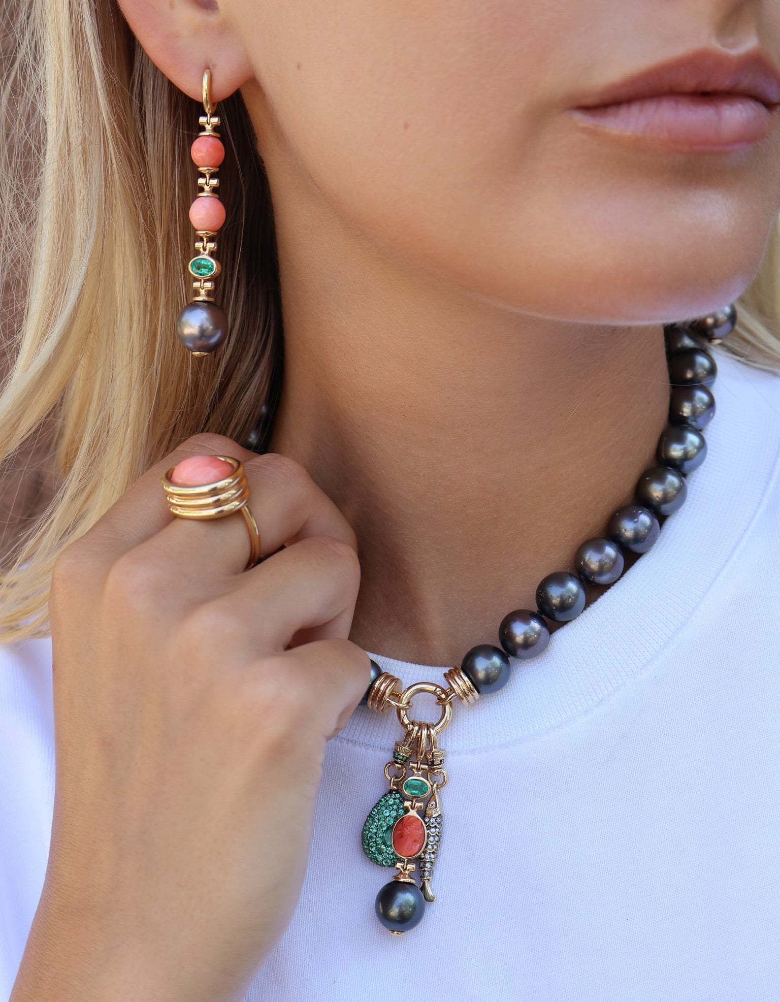 18k yellow gold coral, Brazilian emerald Tahitian pearls and diamond porto drop dangle huggie earrings by Beck Tiny Gods