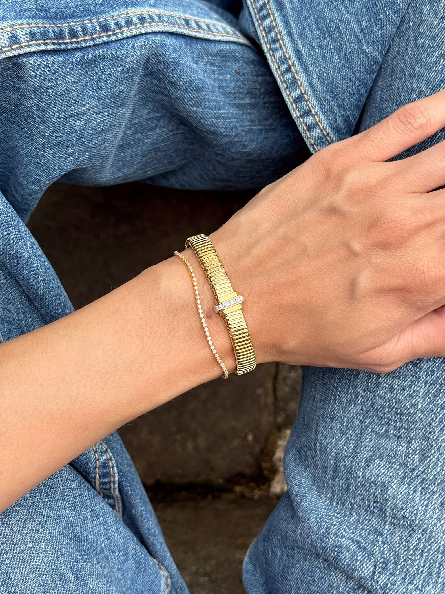 18k yellow gold diamond tubogas raisina bracelet with diamond accent by State Property Tiny Gods