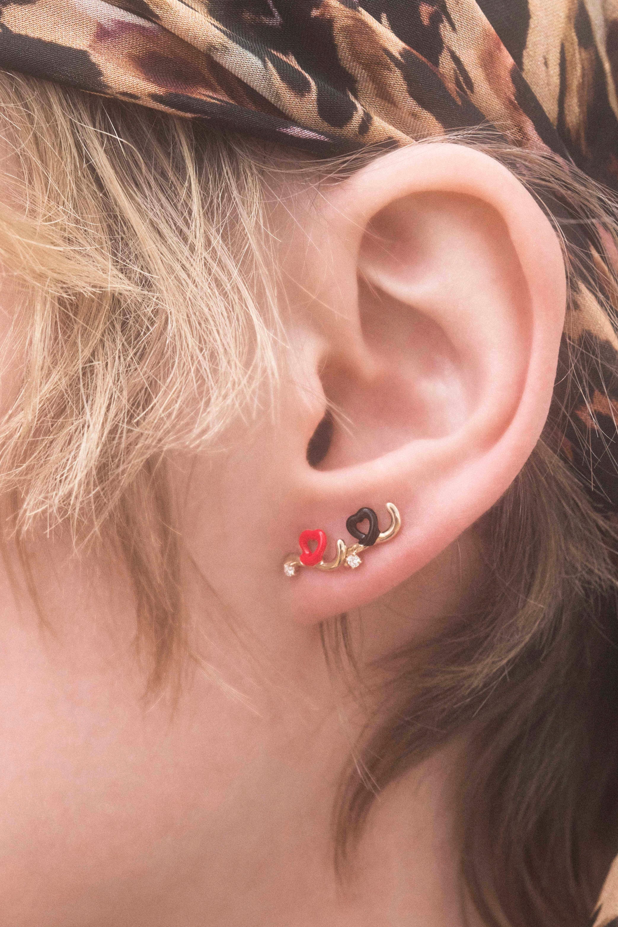 9k yellow gold black enamel heart stud earring by Bea Bongiasca Tiny Gods