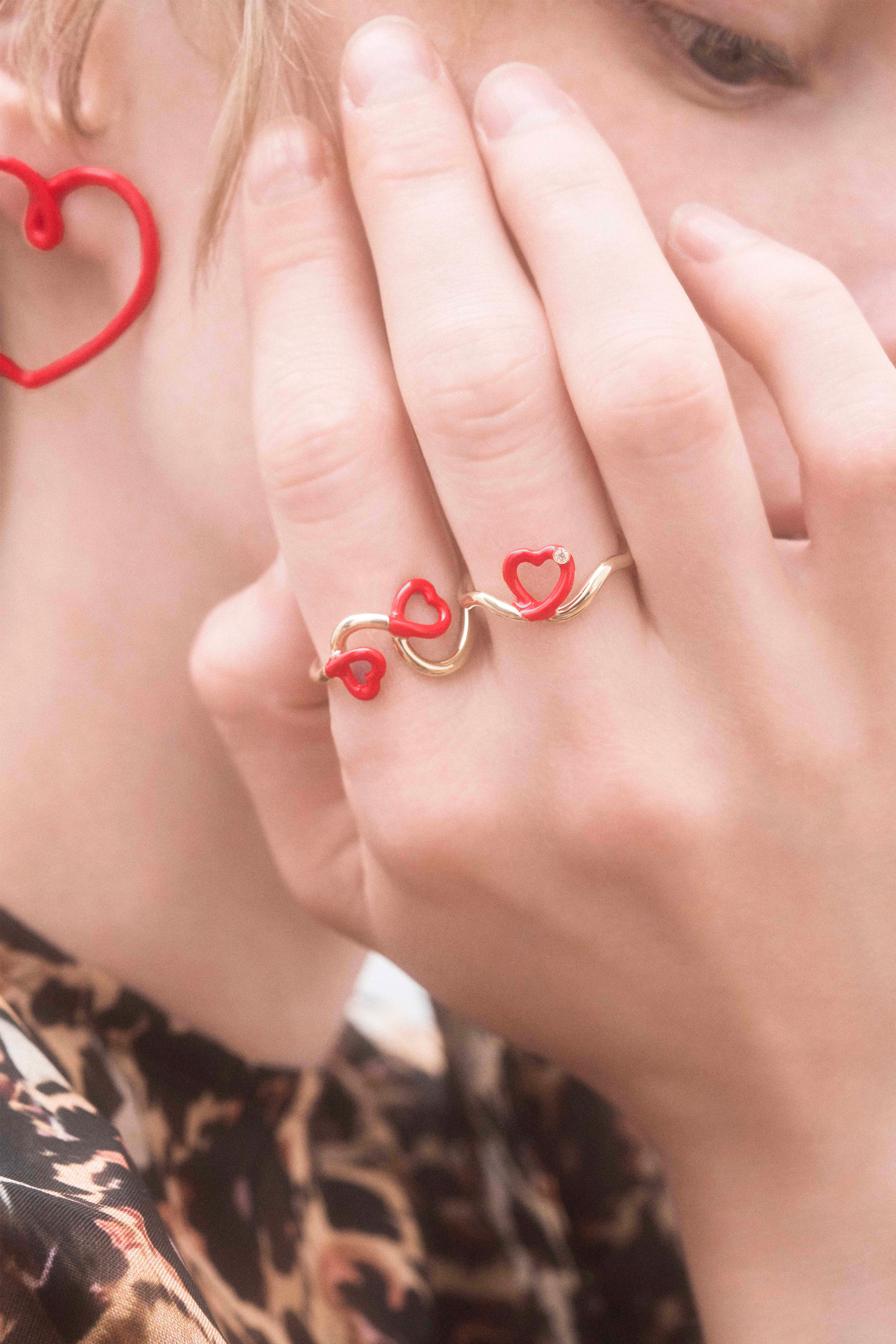 9k yellow gold red enamel and diamond heart ring by Bea Bongiasca Tiny Gods