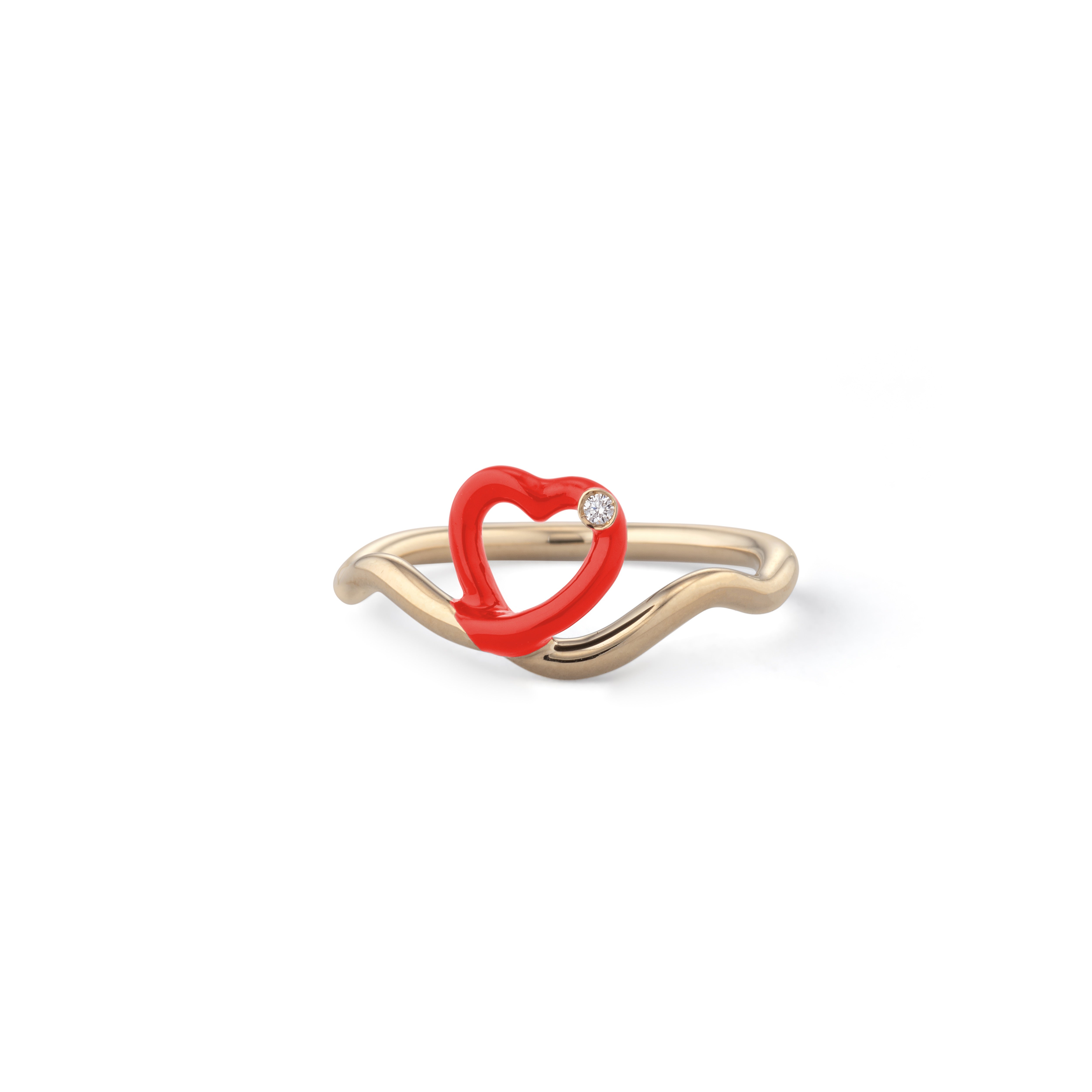 9k yellow gold red enamel and diamond heart ring by Bea Bongiasca Tiny Gods