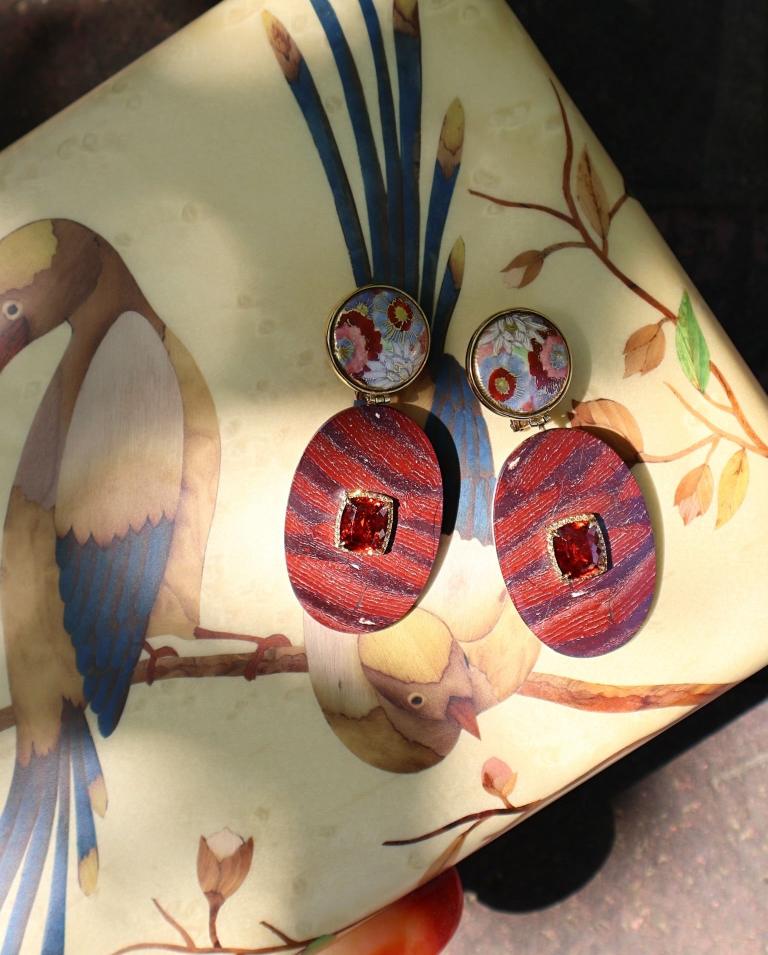 18k Yellow Gold Red Jasper Painted Flower Spessartite Diamond Earrings Silvia Furmanovich Tiny Gods