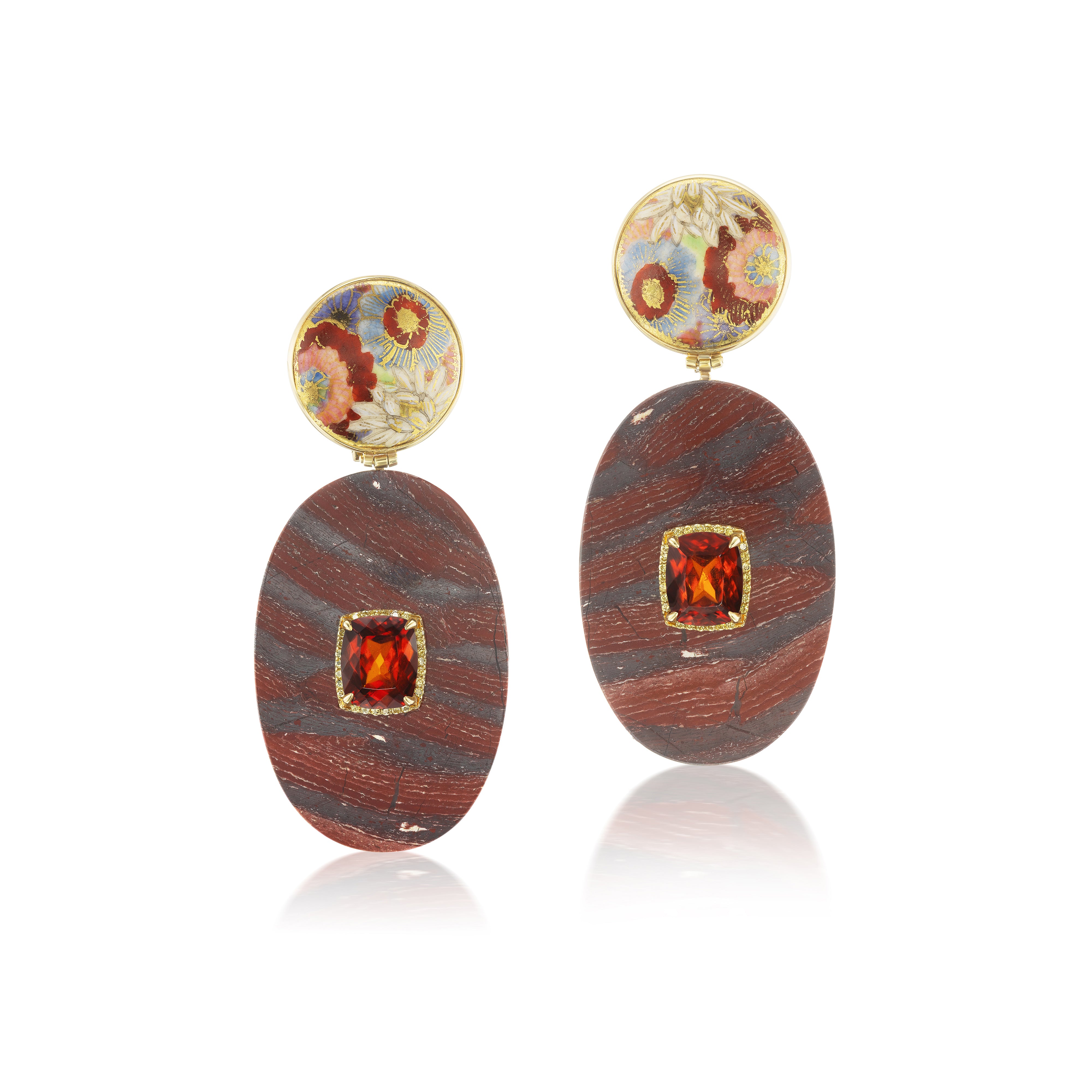 18k Yellow Gold Red Jasper Painted Flower Spessartite Diamond Earrings Silvia Furmanovich Tiny Gods