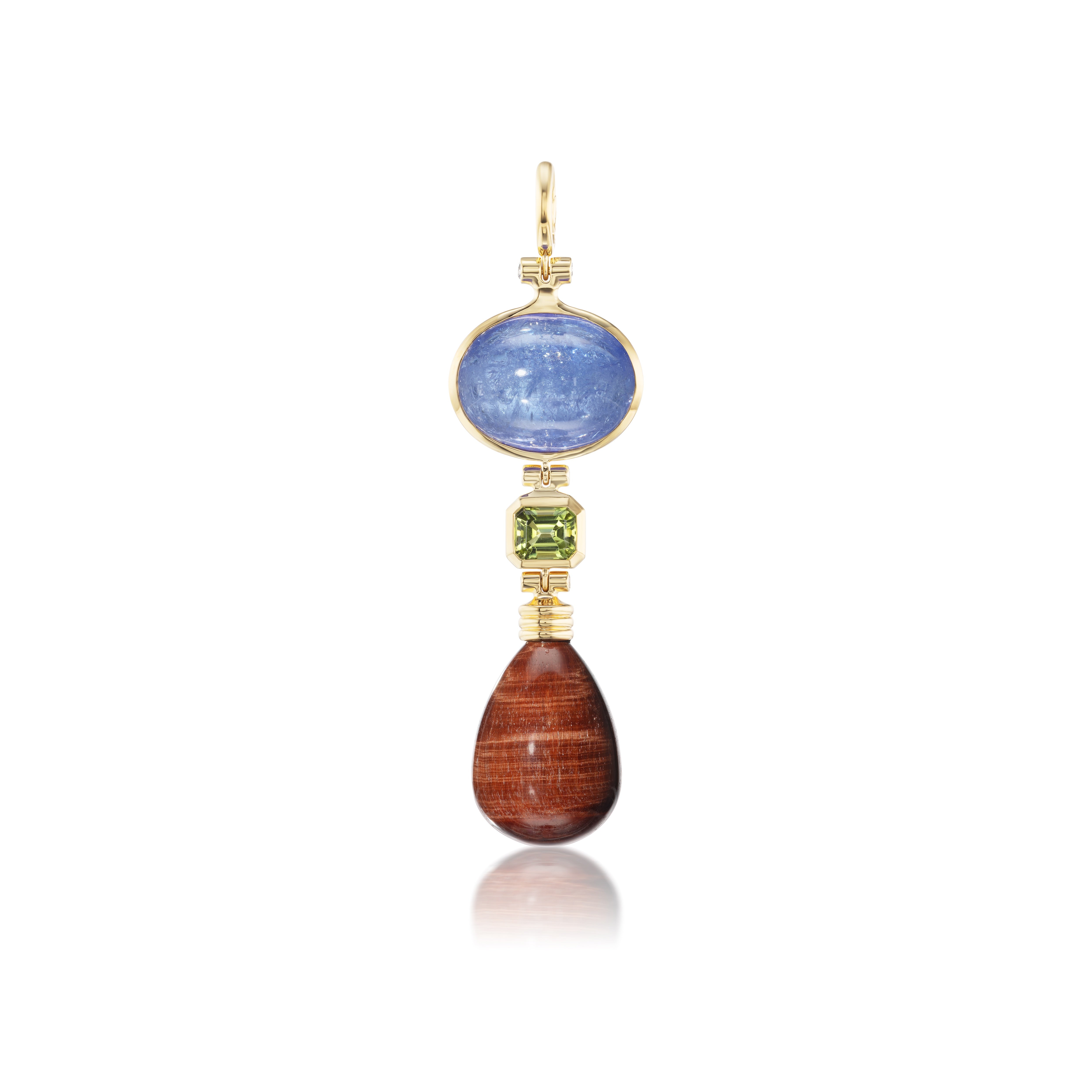18k yellow gold porto pendant with tanzanite, peridot diamonds and teardrop shaped red tigers eye pendant charm by Beck Tiny gods