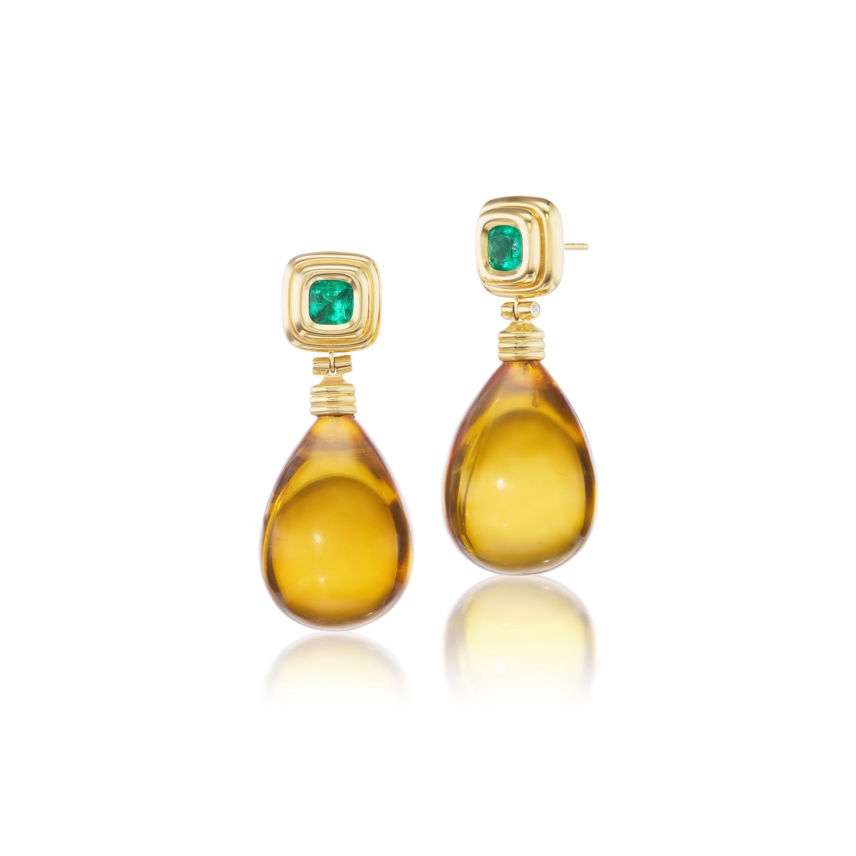 18k yellow gold ripple earrings with emeralds and amber drops by Beck Tiny Gods