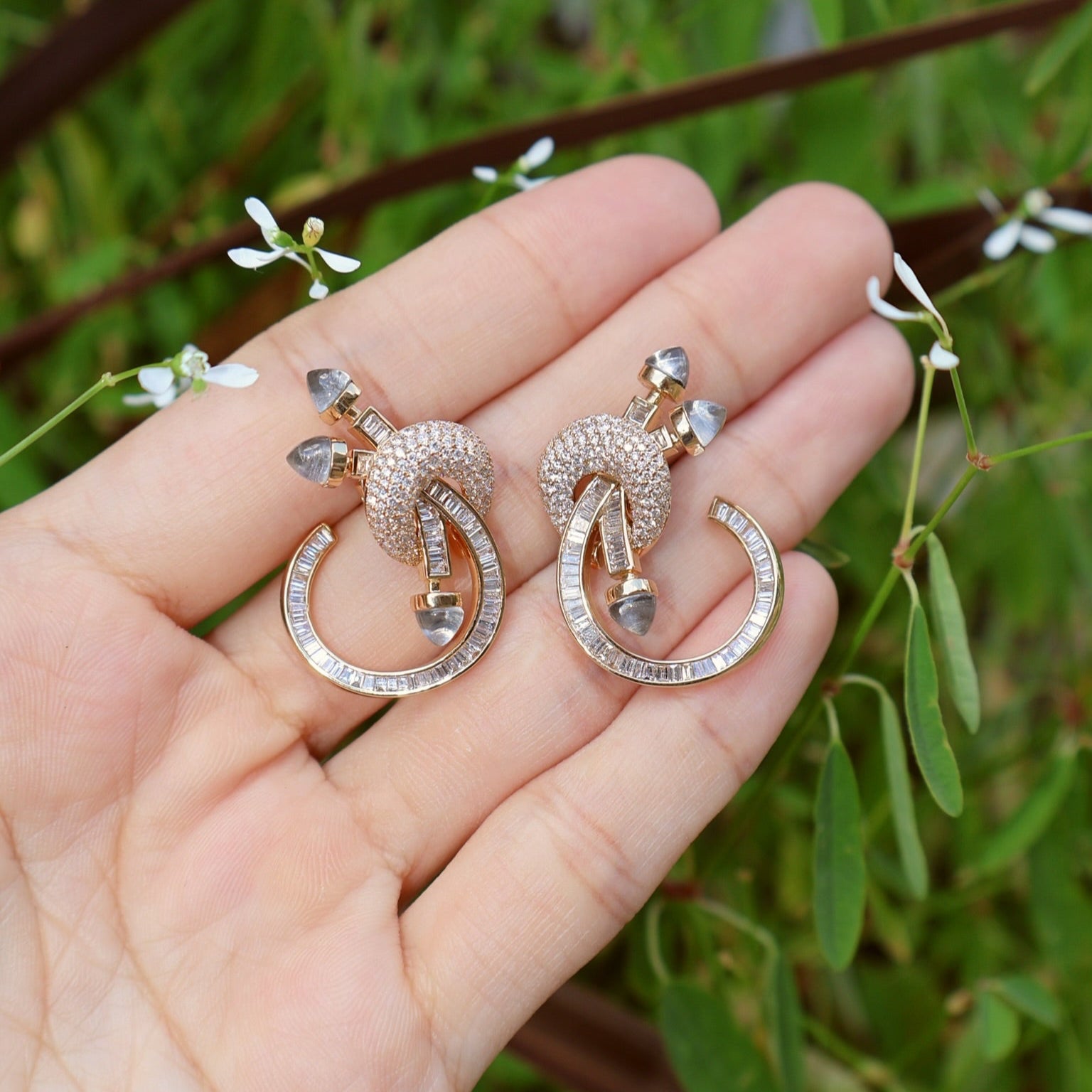 18k yellow gold round white and baguette diamond c-clip chakra earrings by Ananya Tiny Gods