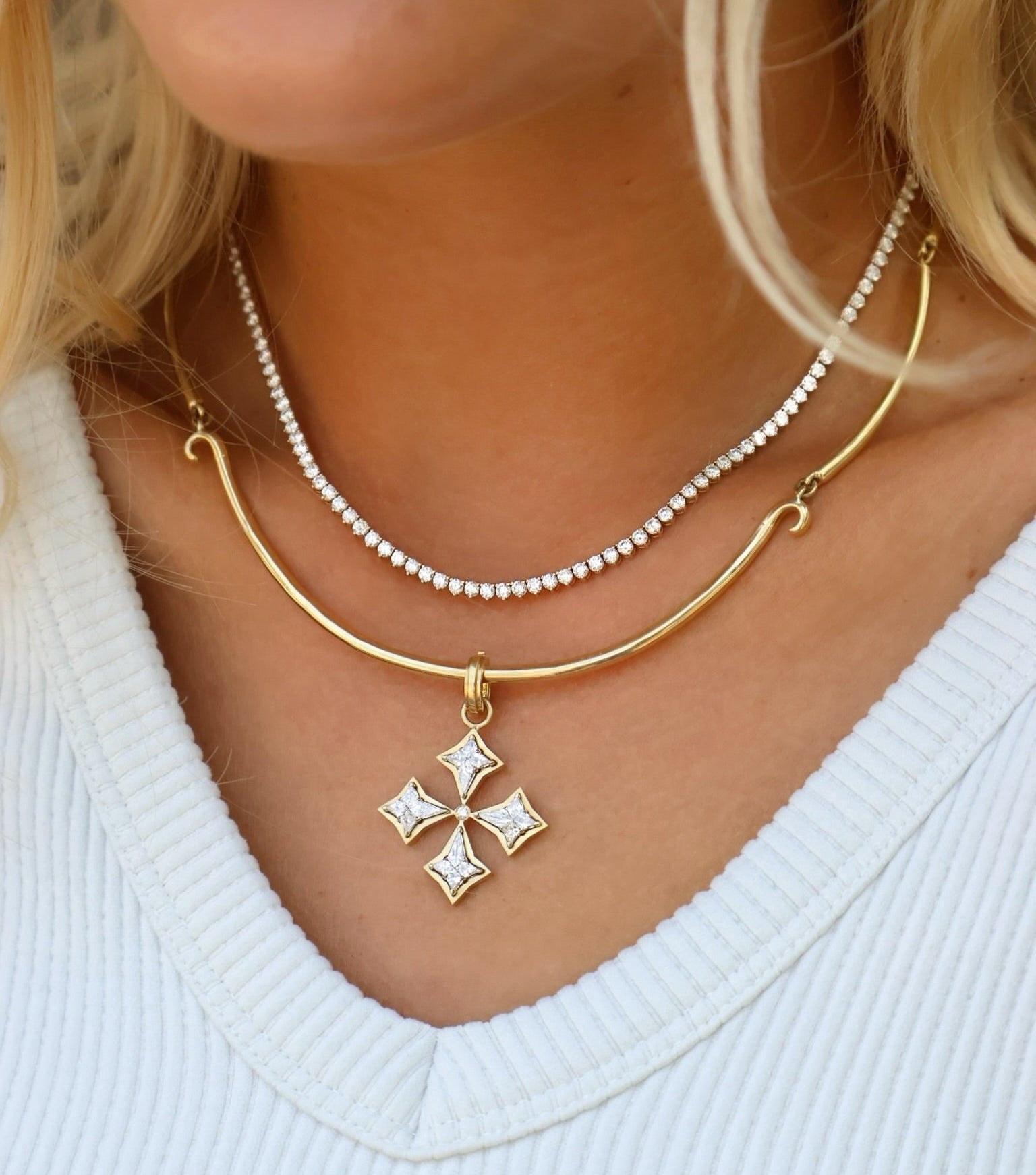 14k yellow gold 8ct three prong diamond Riviera tennis necklace invisible setting round diamonds Tiny Gods