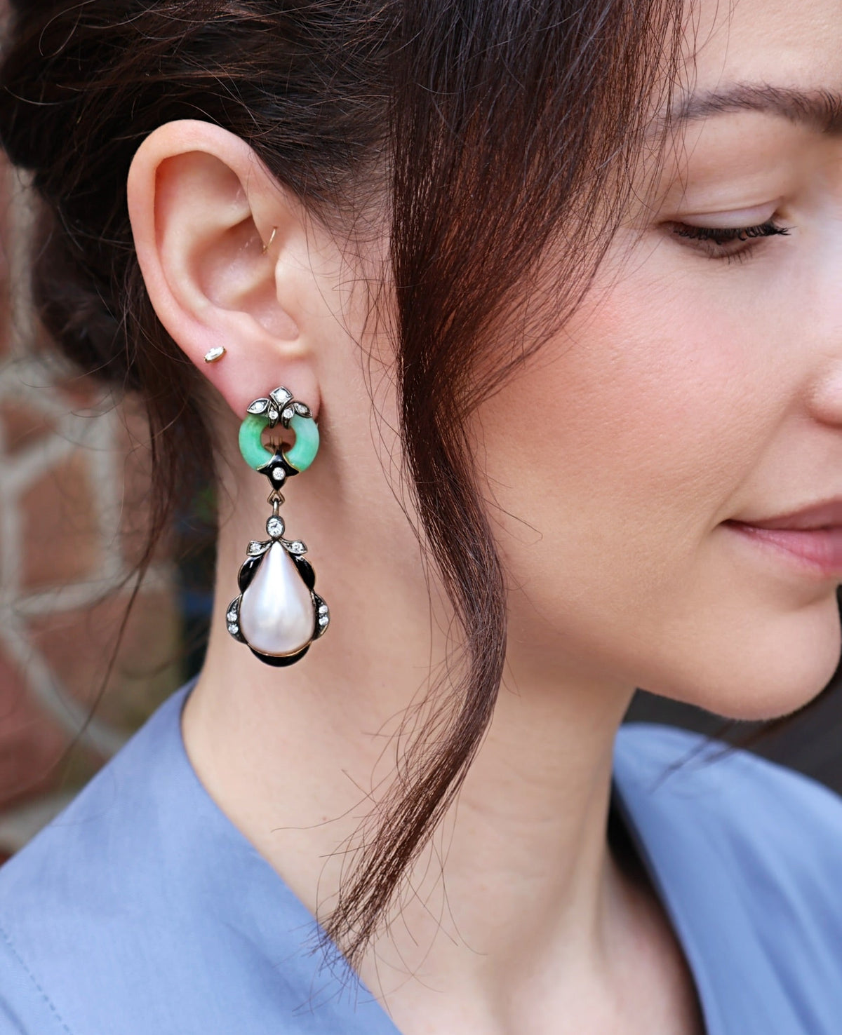 18k yellow gold round jade pearl diamond vintage drop earrings by Tiny Gods