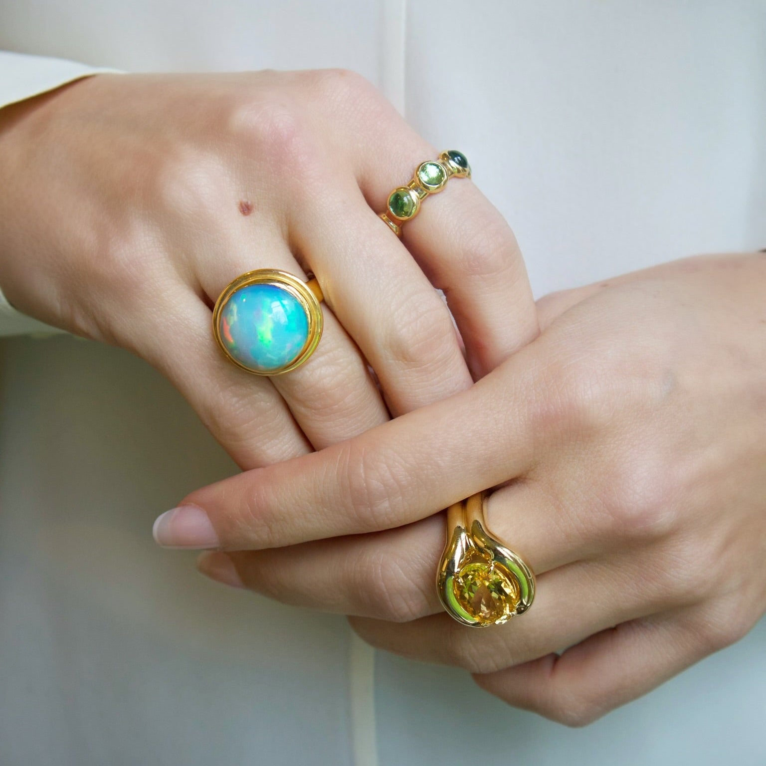 18k yellow gold round opal drum head ring by Jade Ruzzo Tiny Gods