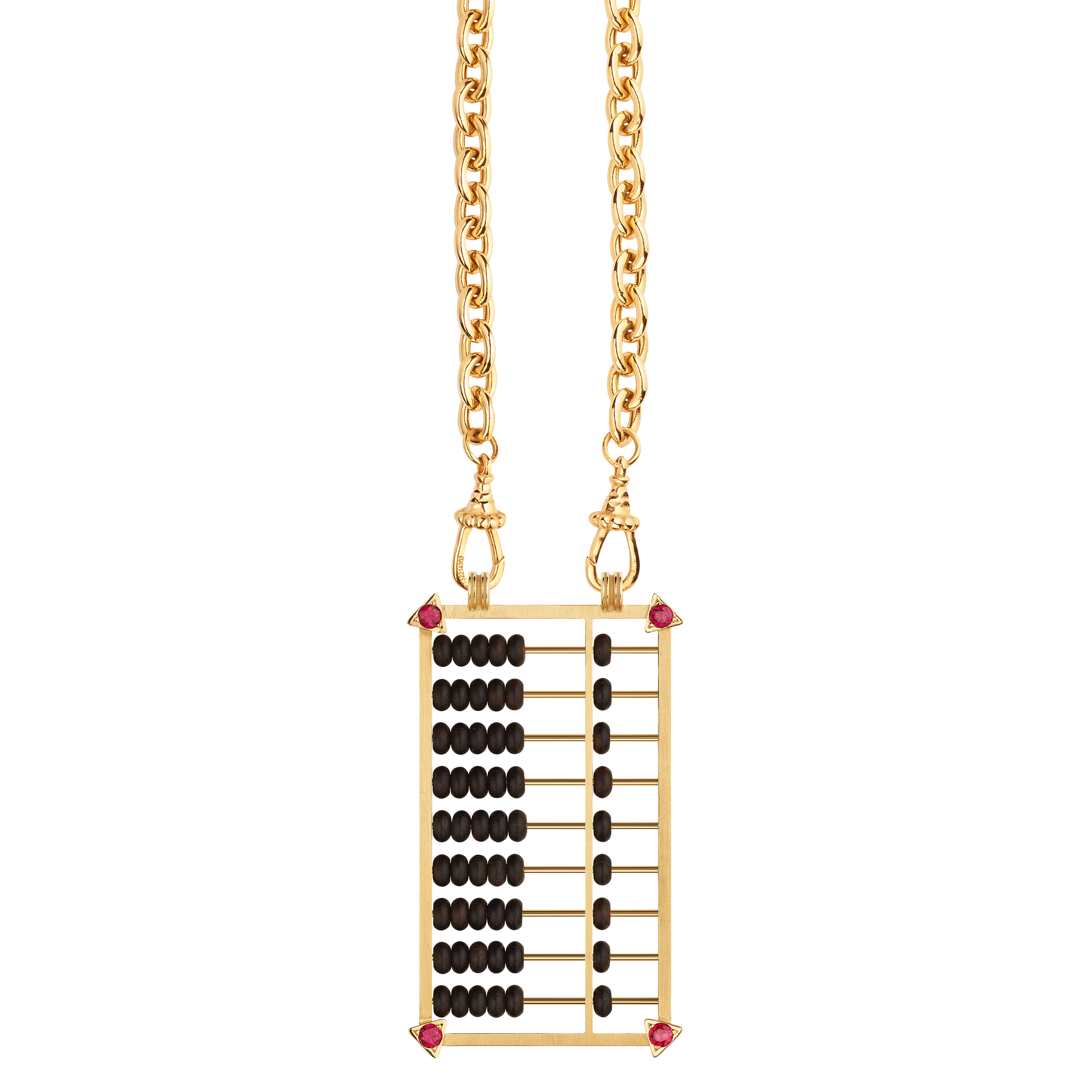 18k yellow gold and ruby black ebony abacus pendant necklace on a rosa classic chain by Marie Lichtenberg Tiny Gods