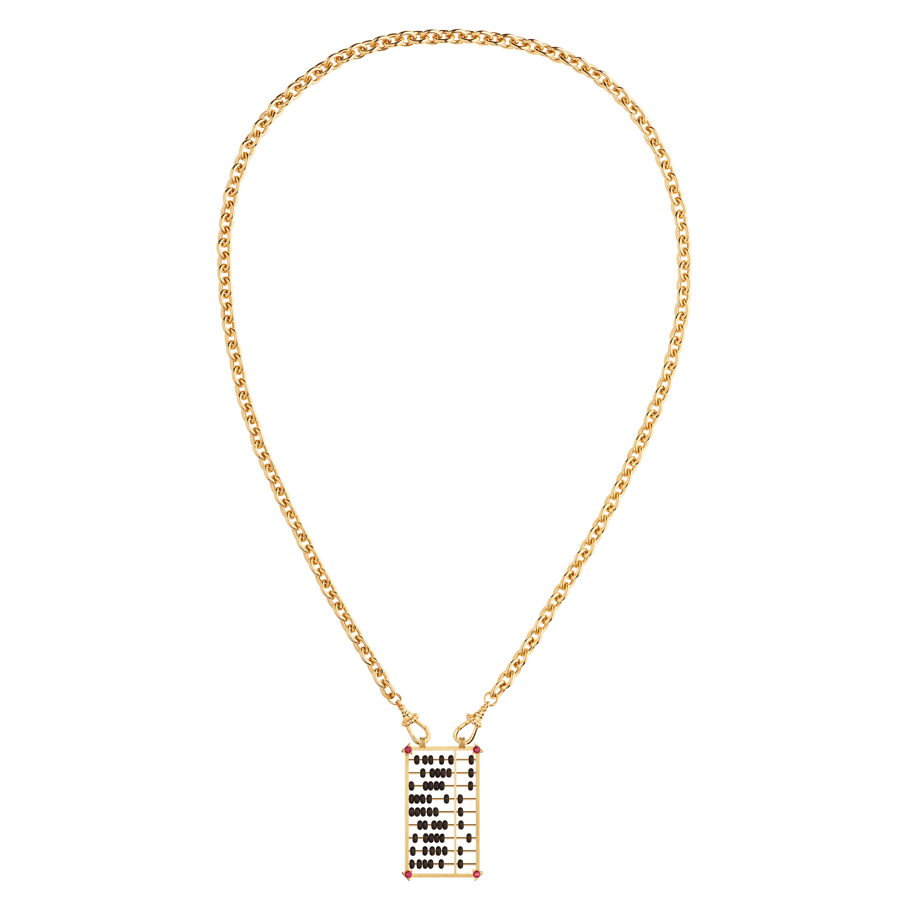 18k yellow gold and ruby black ebony abacus pendant necklace on a rosa classic chain by Marie Lichtenberg Tiny Gods