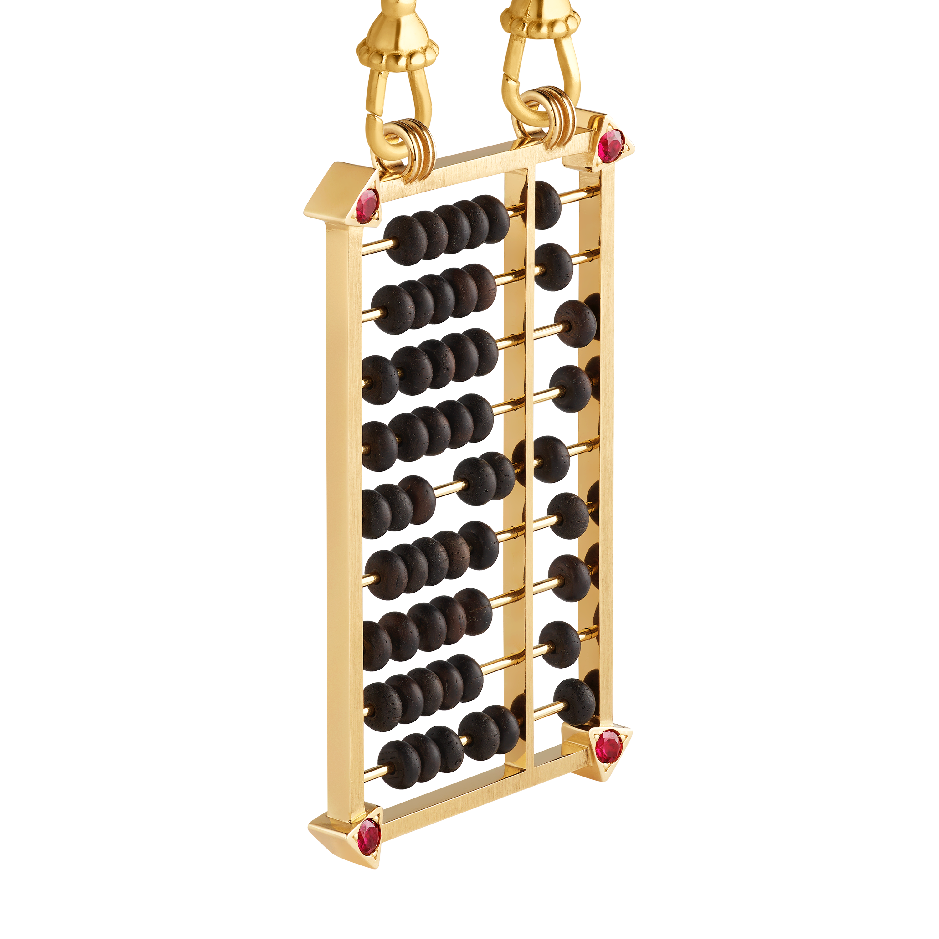 18k yellow gold and ruby black ebony abacus pendant necklace on a rosa classic chain by Marie Lichtenberg Tiny Gods