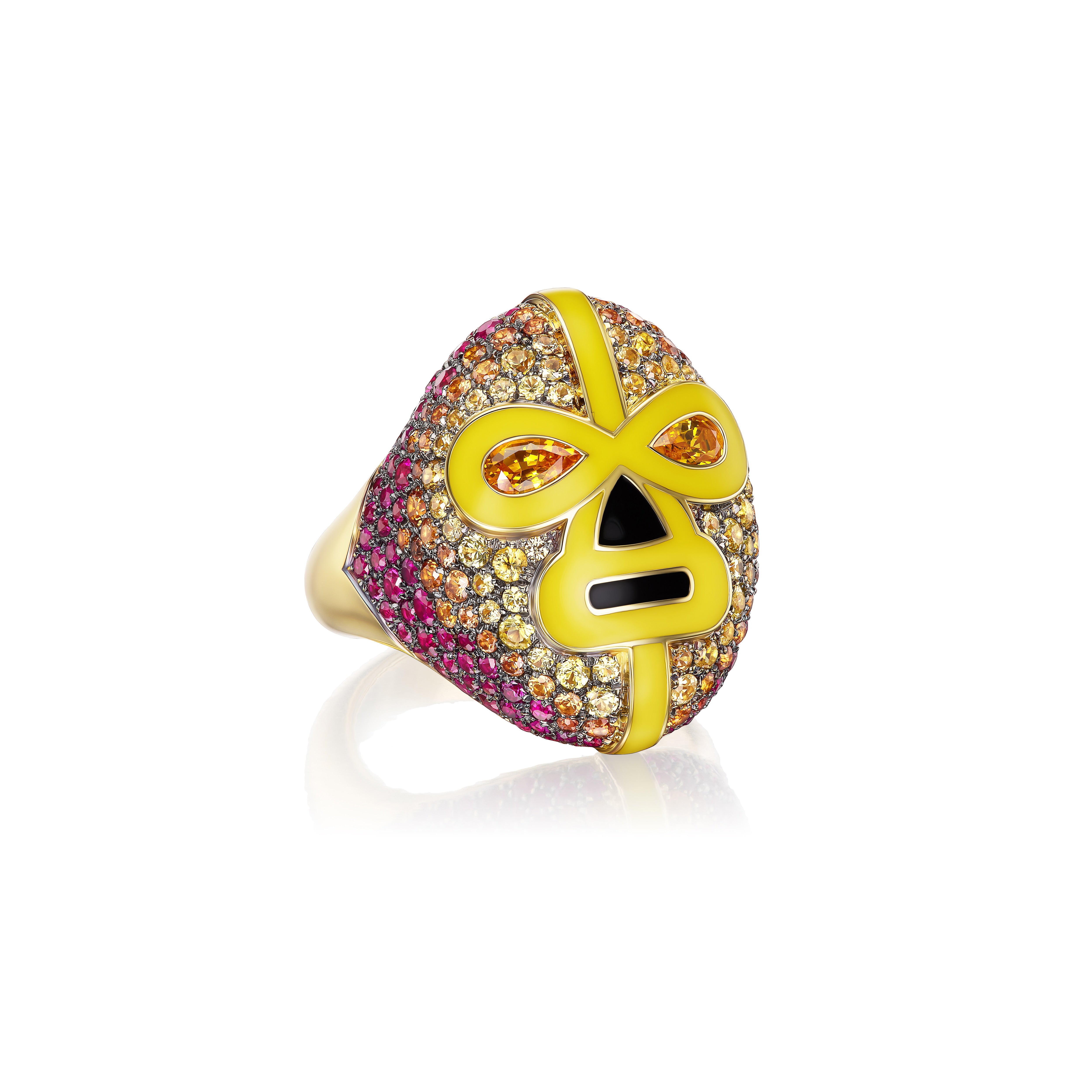 18k yellow gold ruby orange sapphire enamel destroyer ring by Francesca Villa Tiny Gods