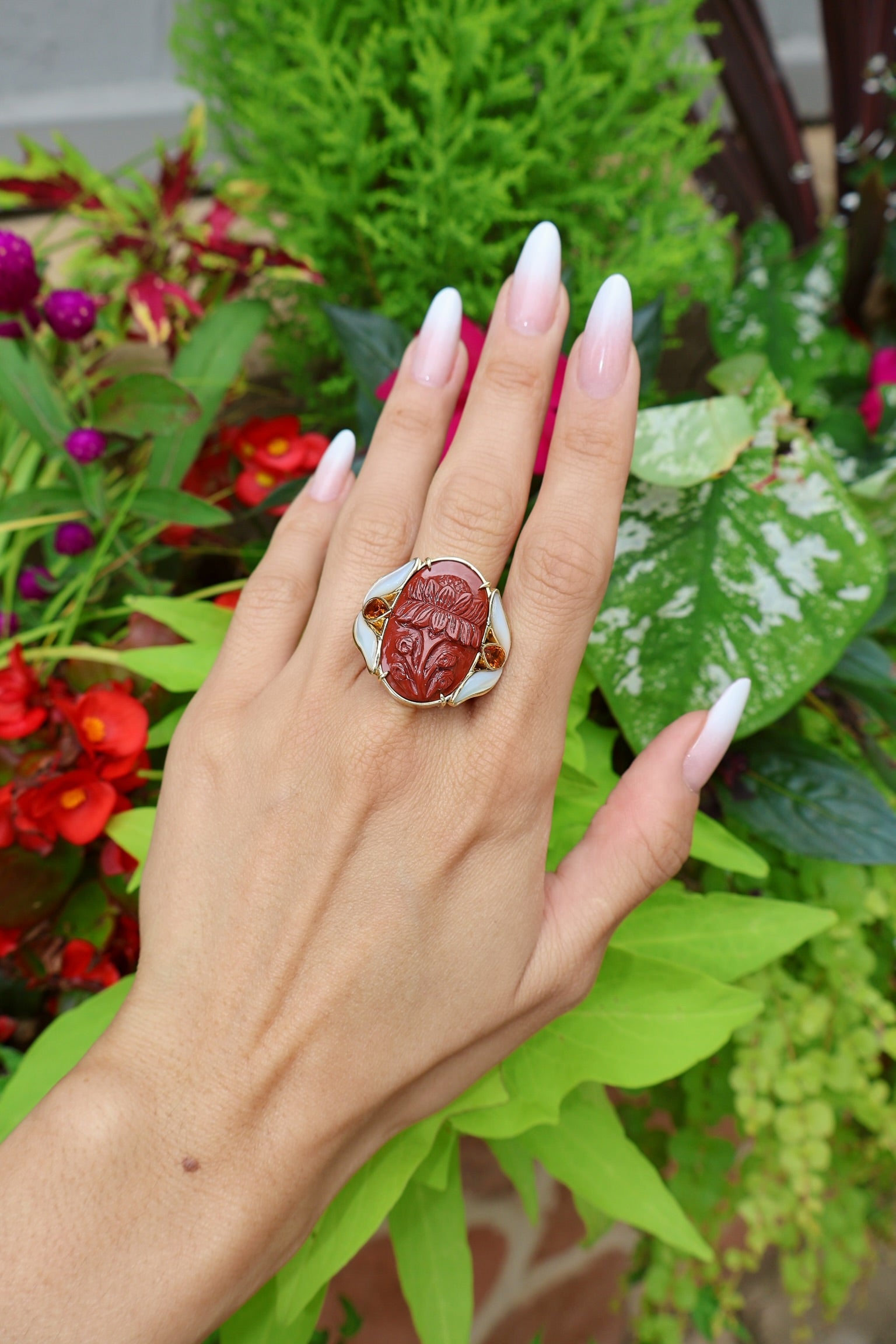 18k yellow gold carved floral pattern flower red jasper mother of pearl and citrine statement ring by Silvia Furmanovich Tiny Gods
