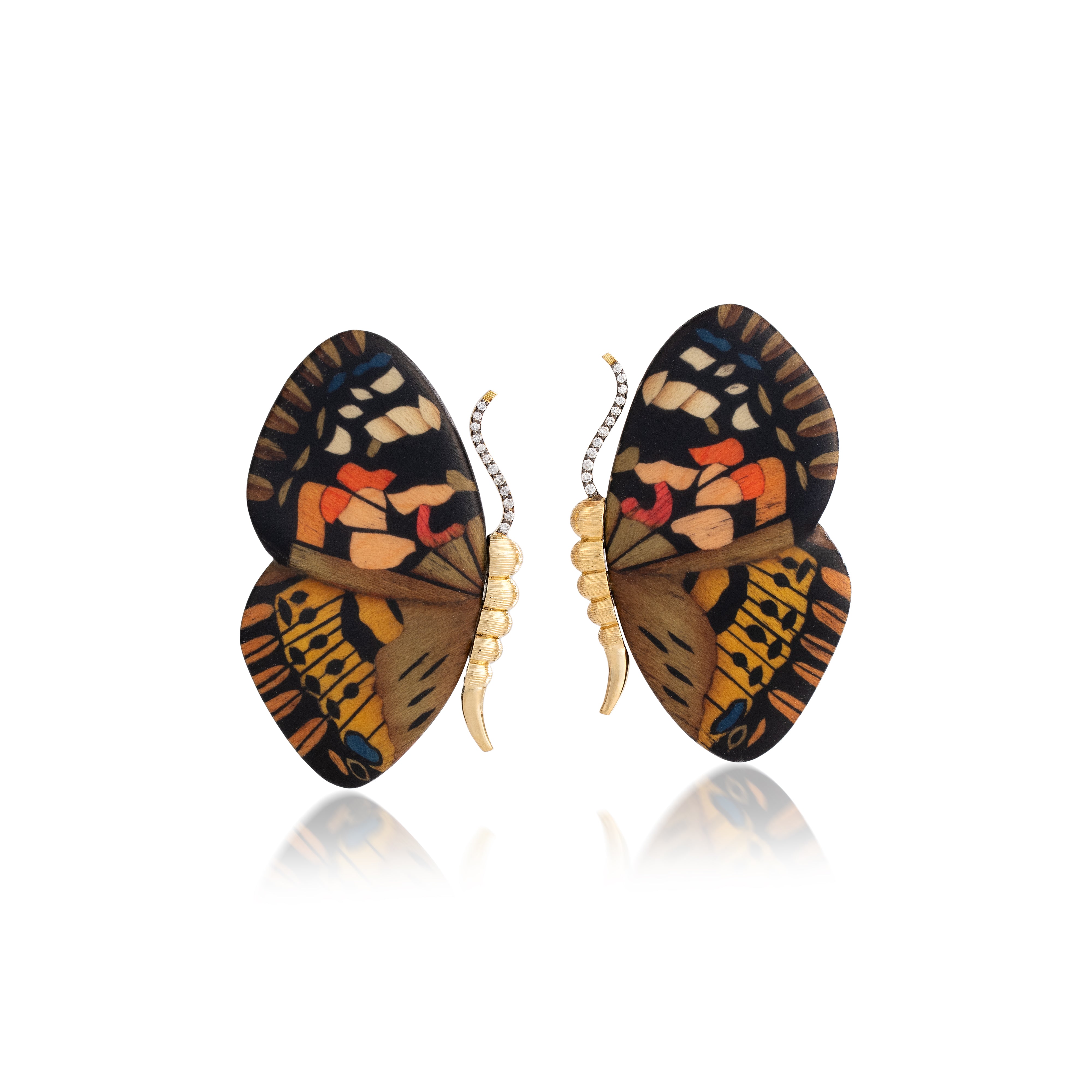 18k yellow gold mixed brown tone small butterfly wing marquetry earrings by Silvia Furmanovich Tiny Gods
