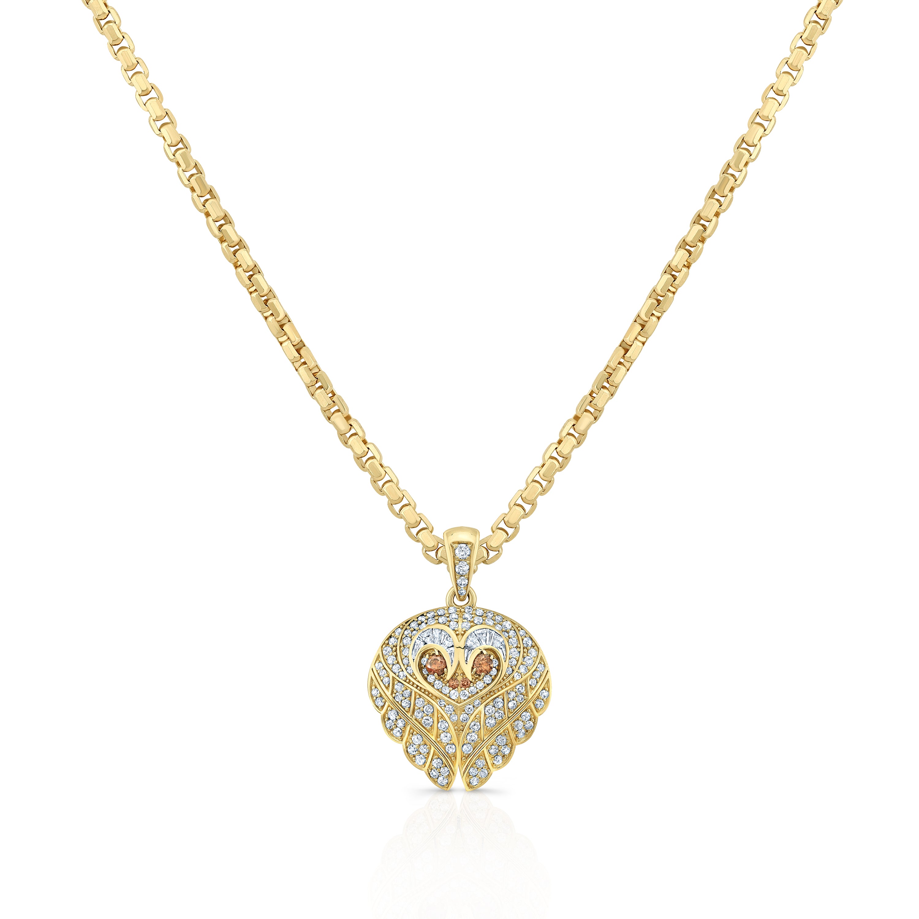 18k yellow gold diamond pave owl wing charm pendant with champagne diamond eyes by Loraida Tiny Gods