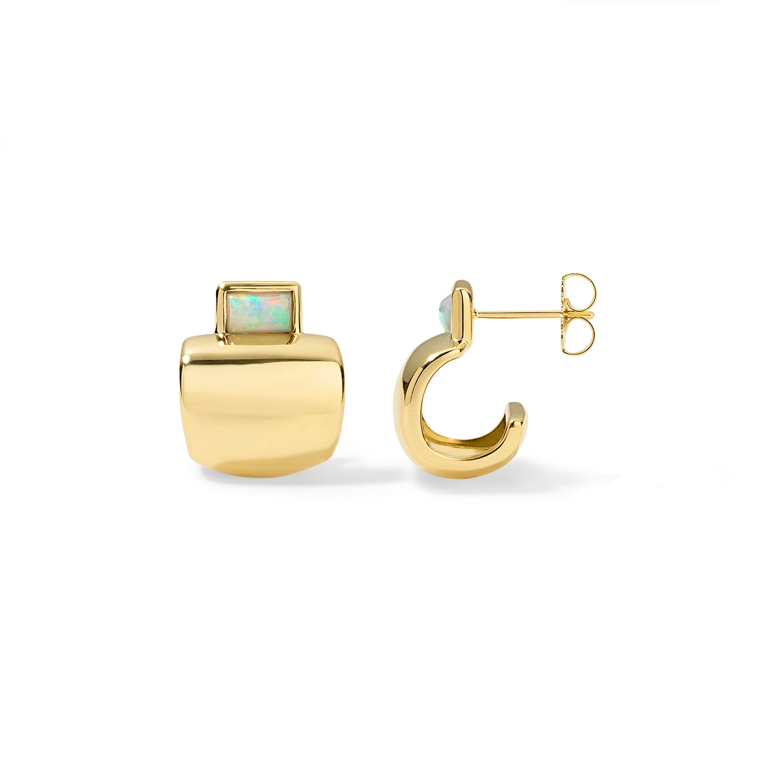 18k yellow gold small opal cowbell earrings by Jade Ruzzo Tiny Gods