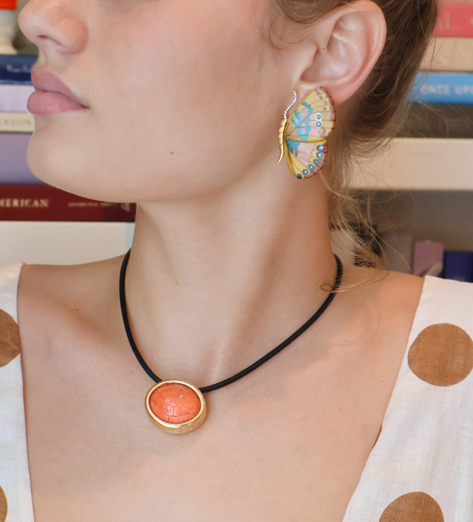 18k yellow gold small yellow and pink blue mother or pearl and abalone inlay marquetry wood butterfly wing earrings by Silvia Furmanovich Tiny Gods