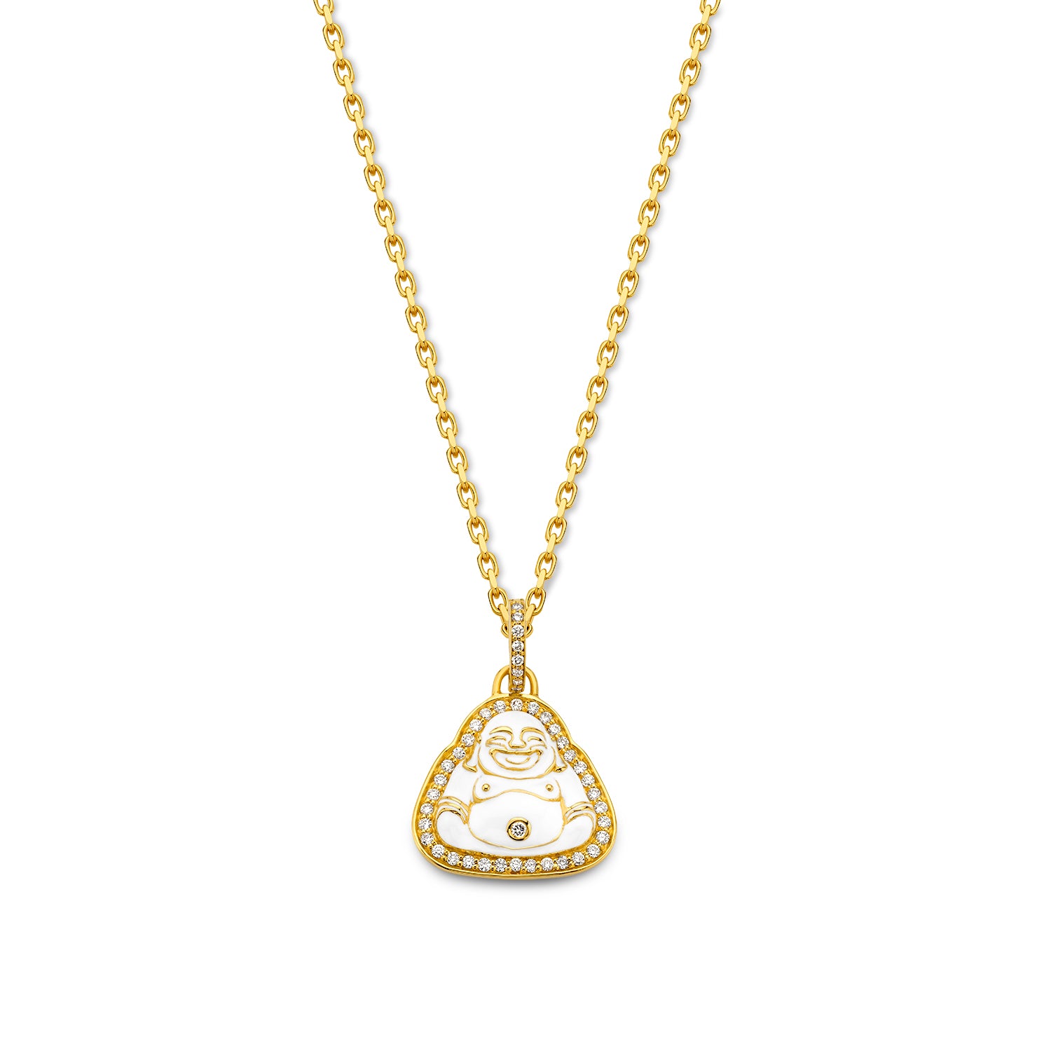 20k yellow gold small baby buddha pendant with white enamel and diamonds by Buddha Mama Tiny Gods