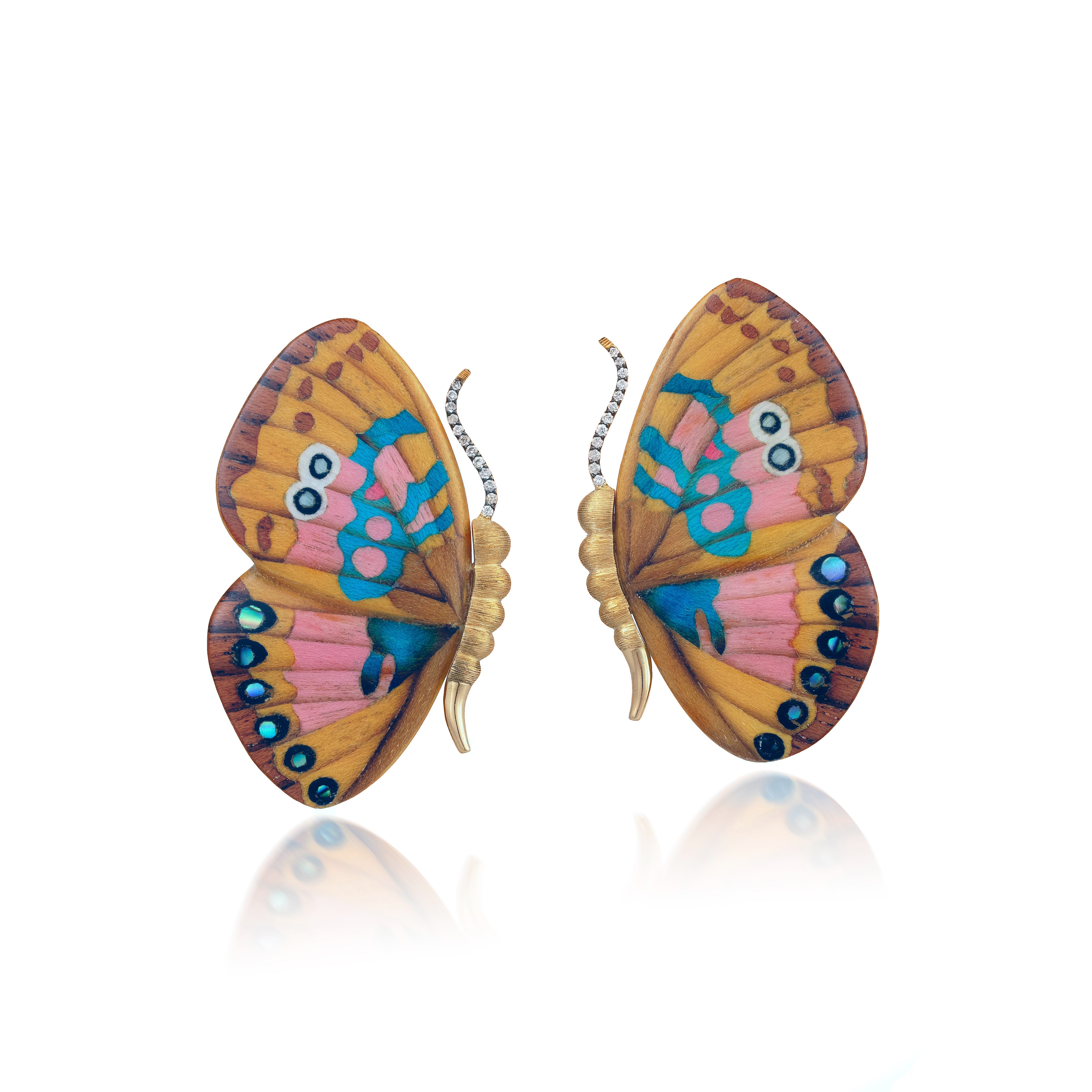 18k yellow gold small yellow and pink blue mother or pearl and abalone inlay marquetry wood butterfly wing earrings by Silvia Furmanovich Tiny Gods