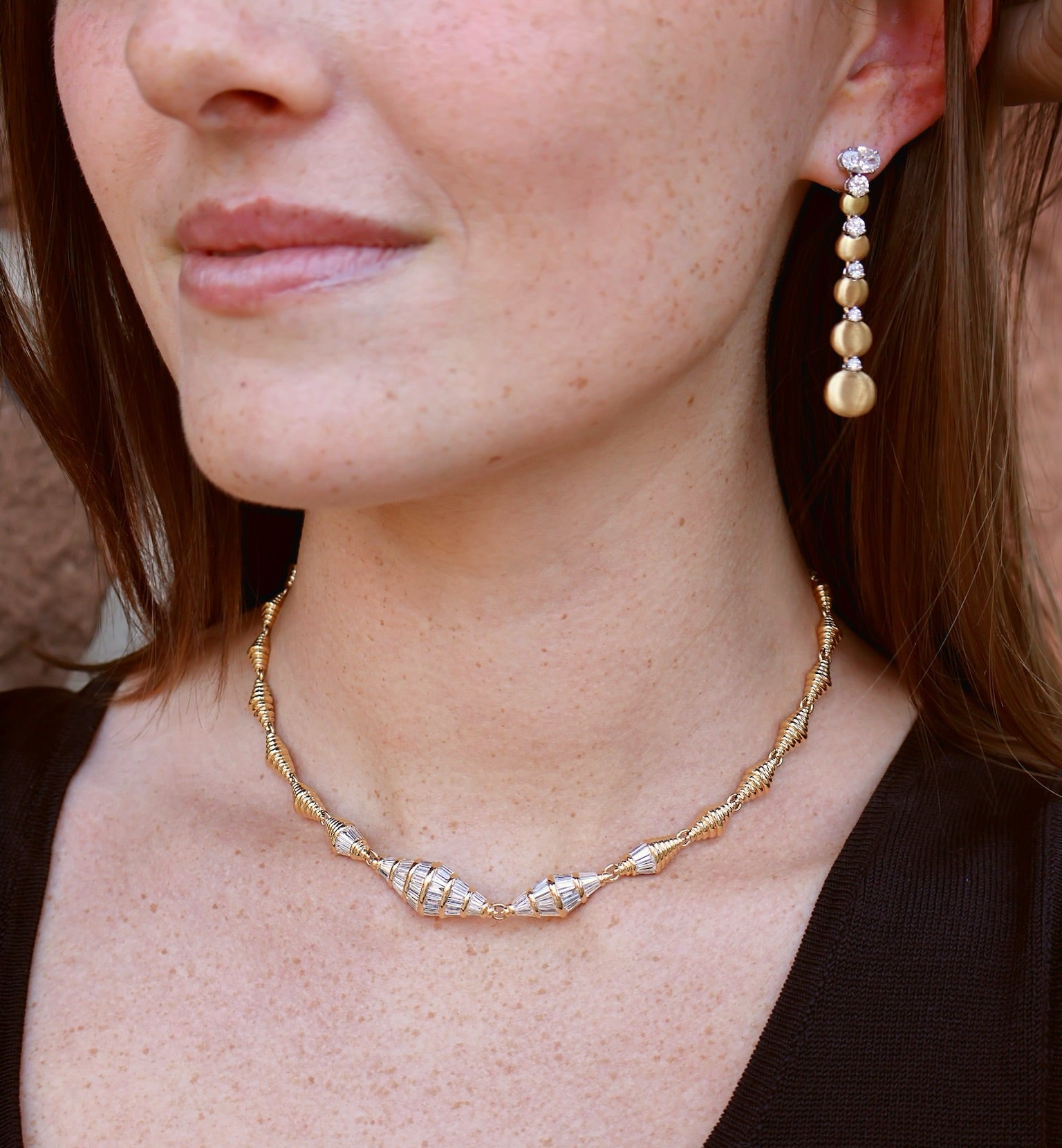 18k yellow gold diamond baguette necklace spectrum revisited choker statement by Nikos Koulis Tiny Gods