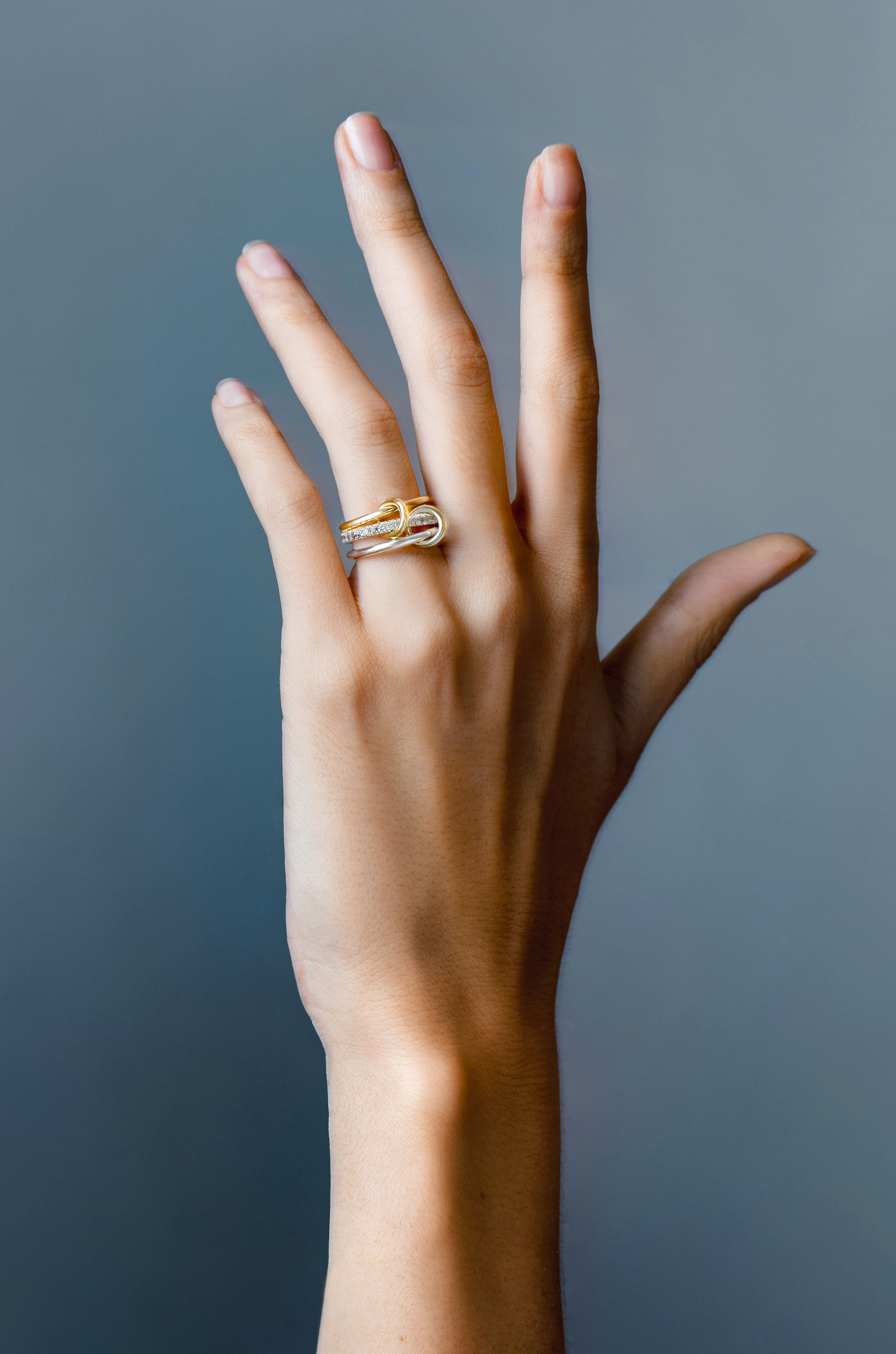 18k yellow gold and sterling silver diamond three ring bands tigris sg by Spinelli Tiny Gods