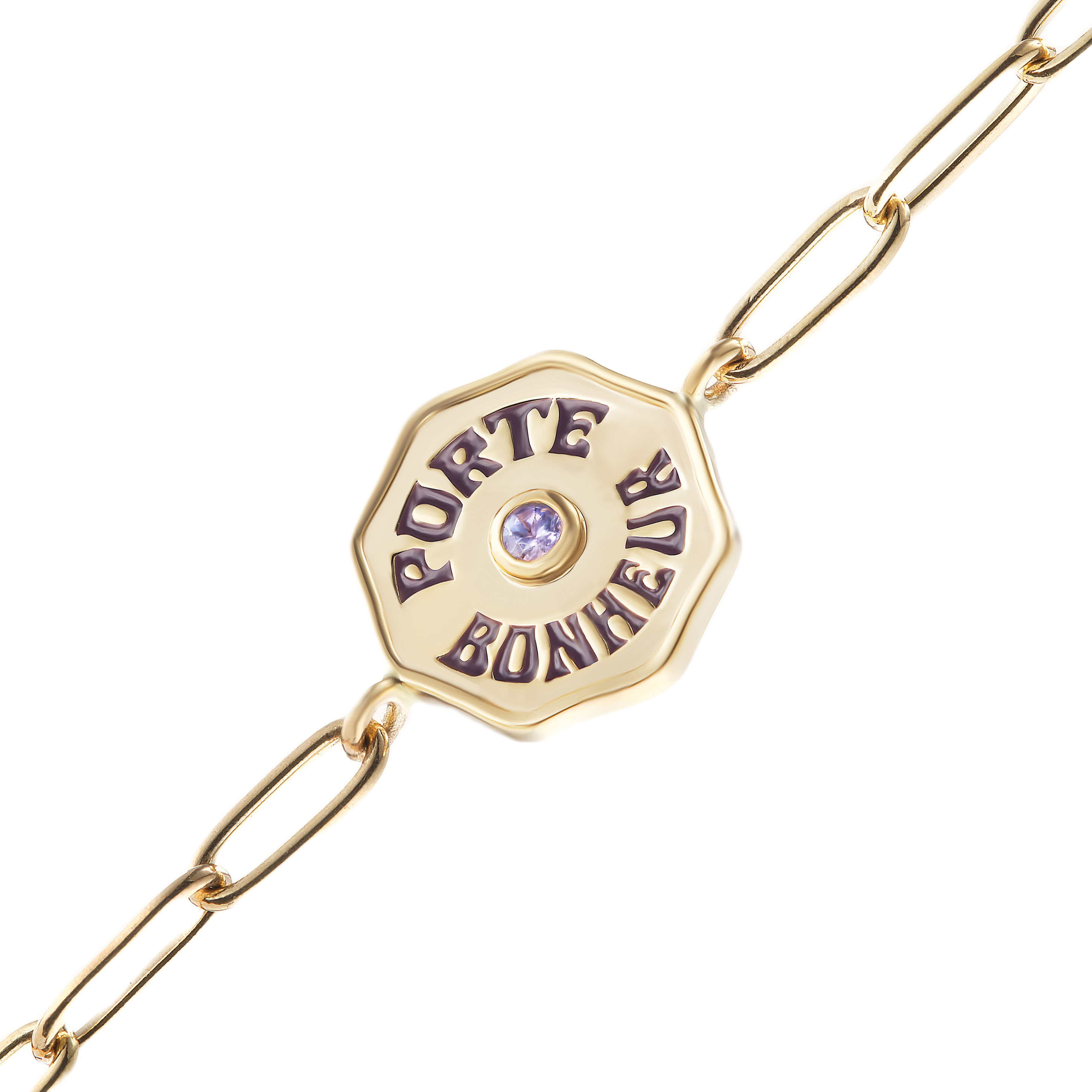 14k yellow gold petite eggplant enamel tanzanite porte bonheur paperclip bracelet by Marlo Laz Tiny Gods