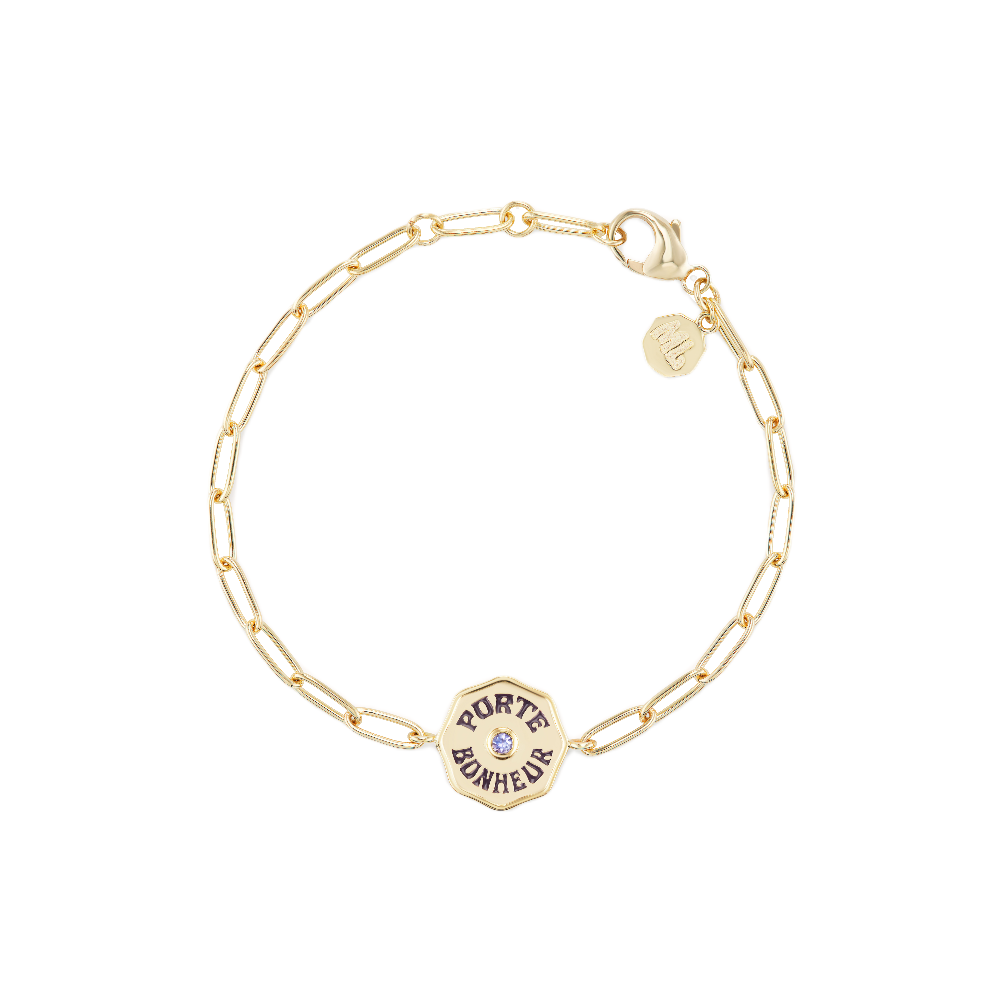14k yellow gold petite eggplant enamel tanzanite porte bonheur paperclip bracelet by Marlo Laz Tiny Gods
