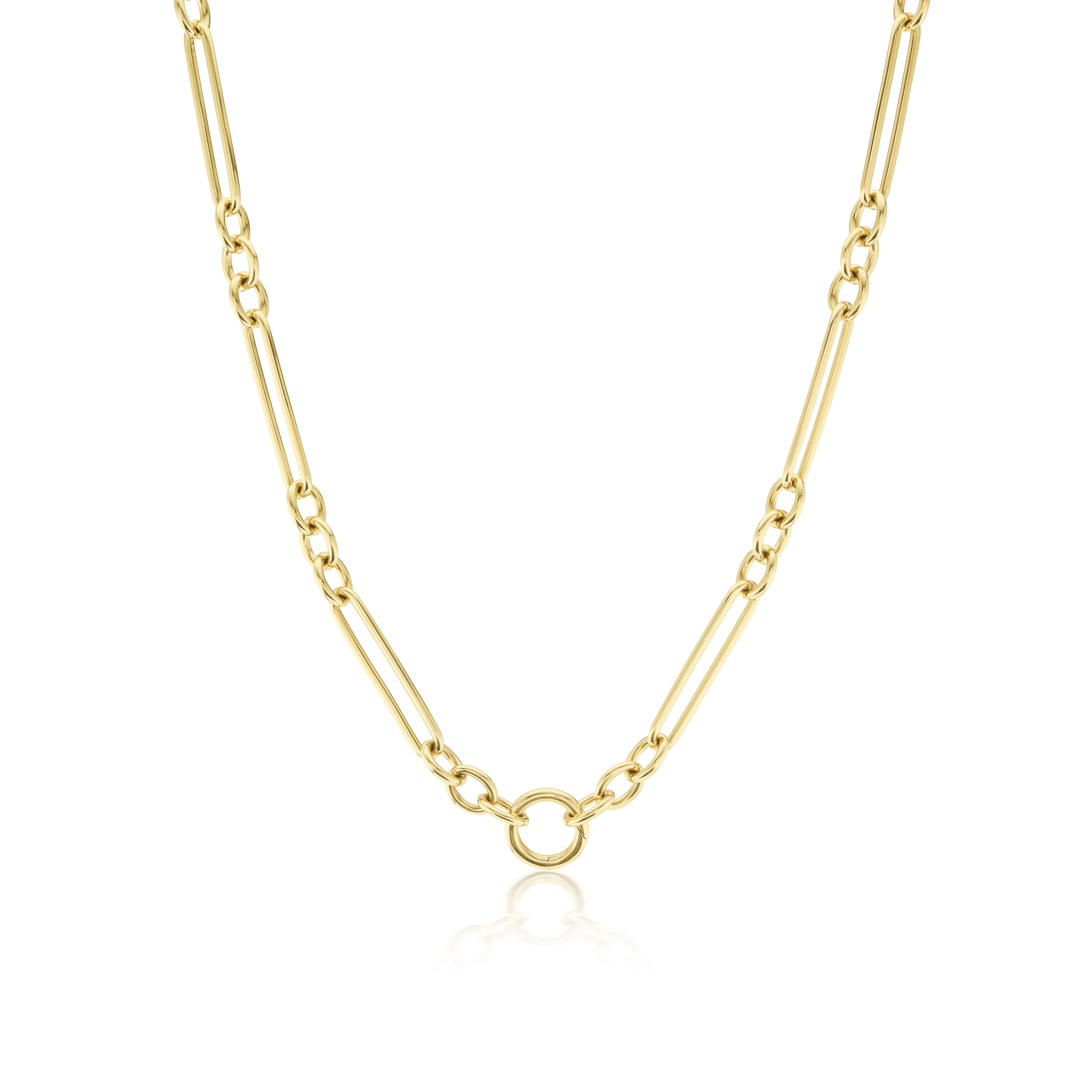14k yellow gold Trombone Link Chain Necklace by Lucy delius at tiny gods with enhancer clasp