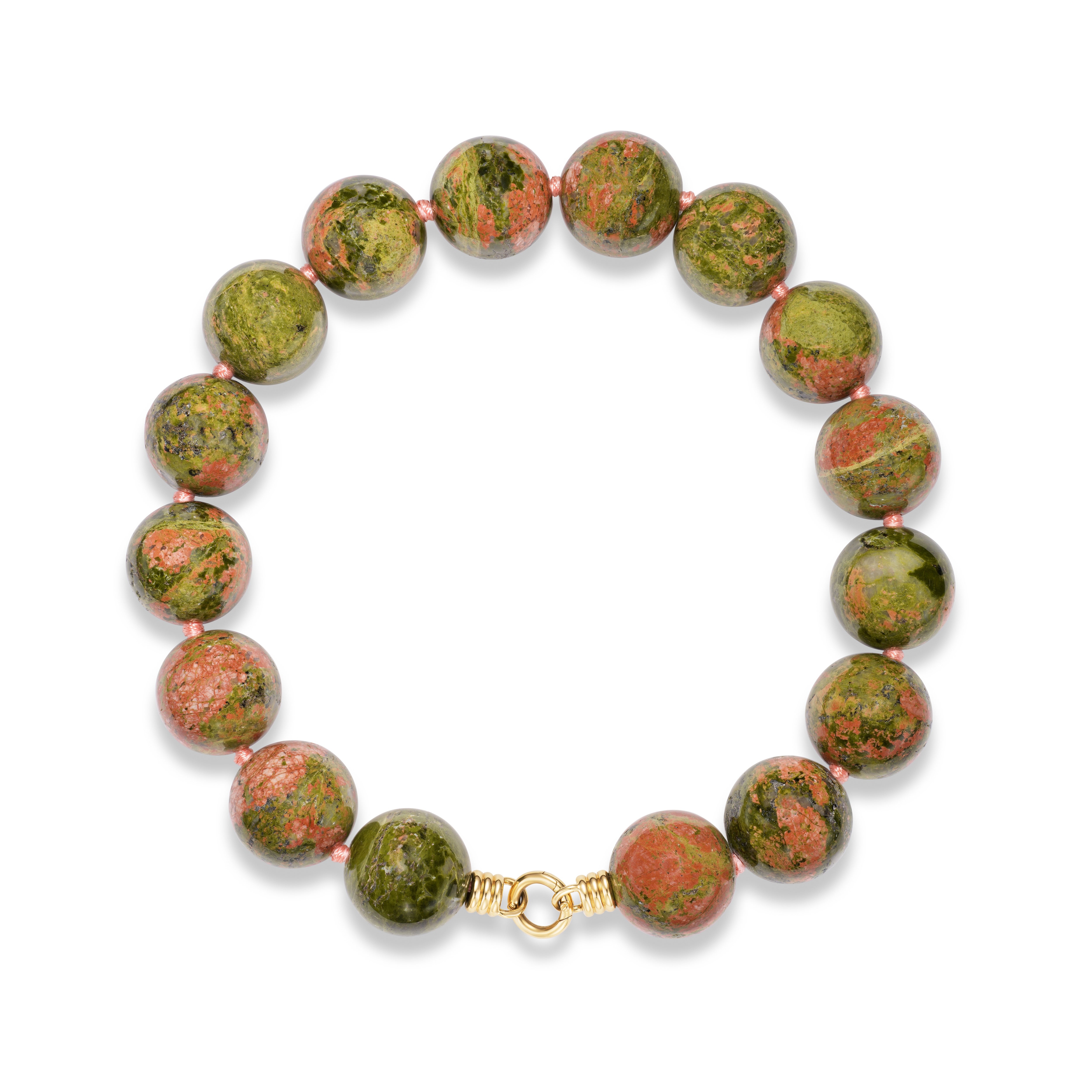 18k yellow gold green and pink unakite beaded necklace choker by Beck Jewels Tiny Gods