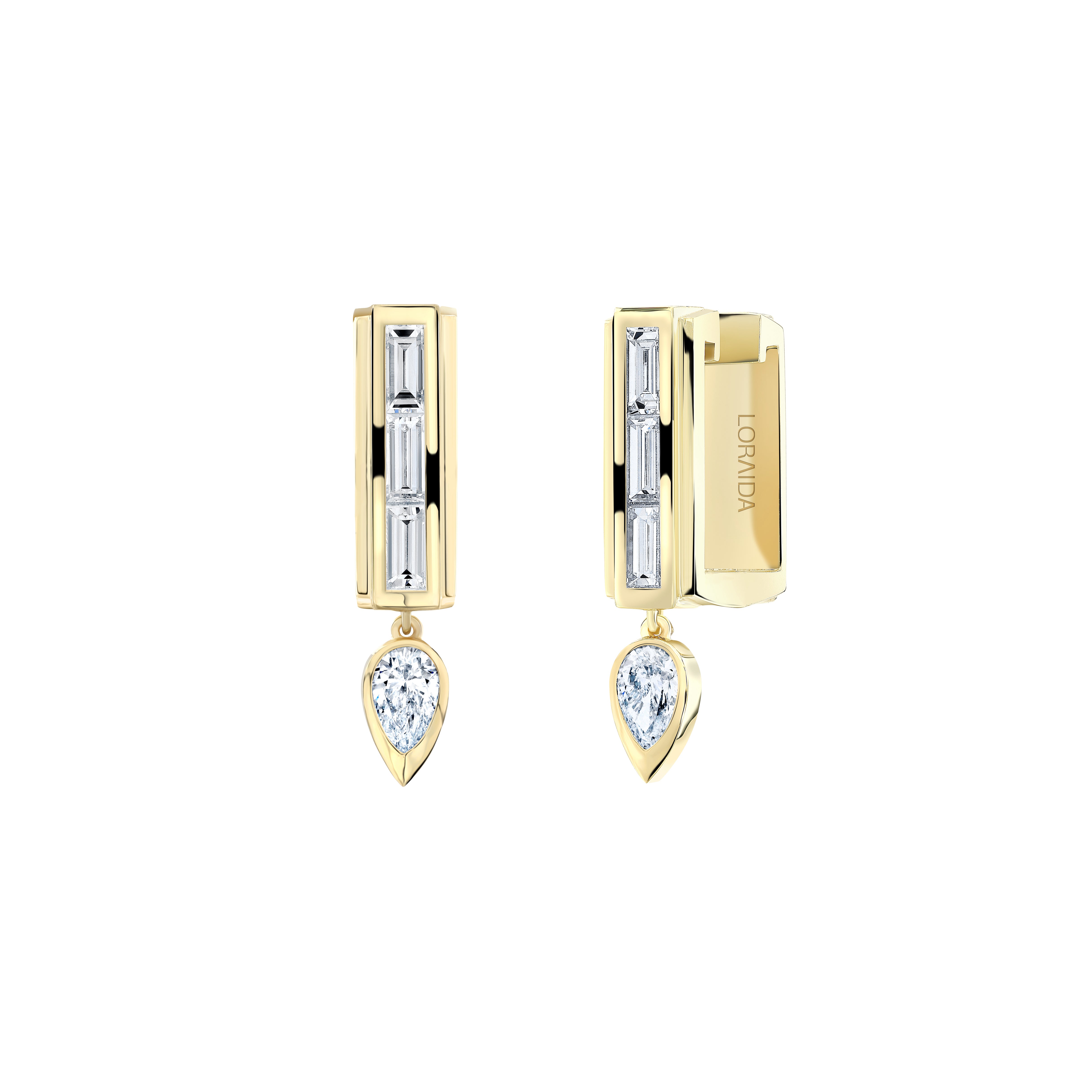 18k yellow gold diamond baguette square shape hoop earrings with pear diamond dangles by Loraida Tiny Gods