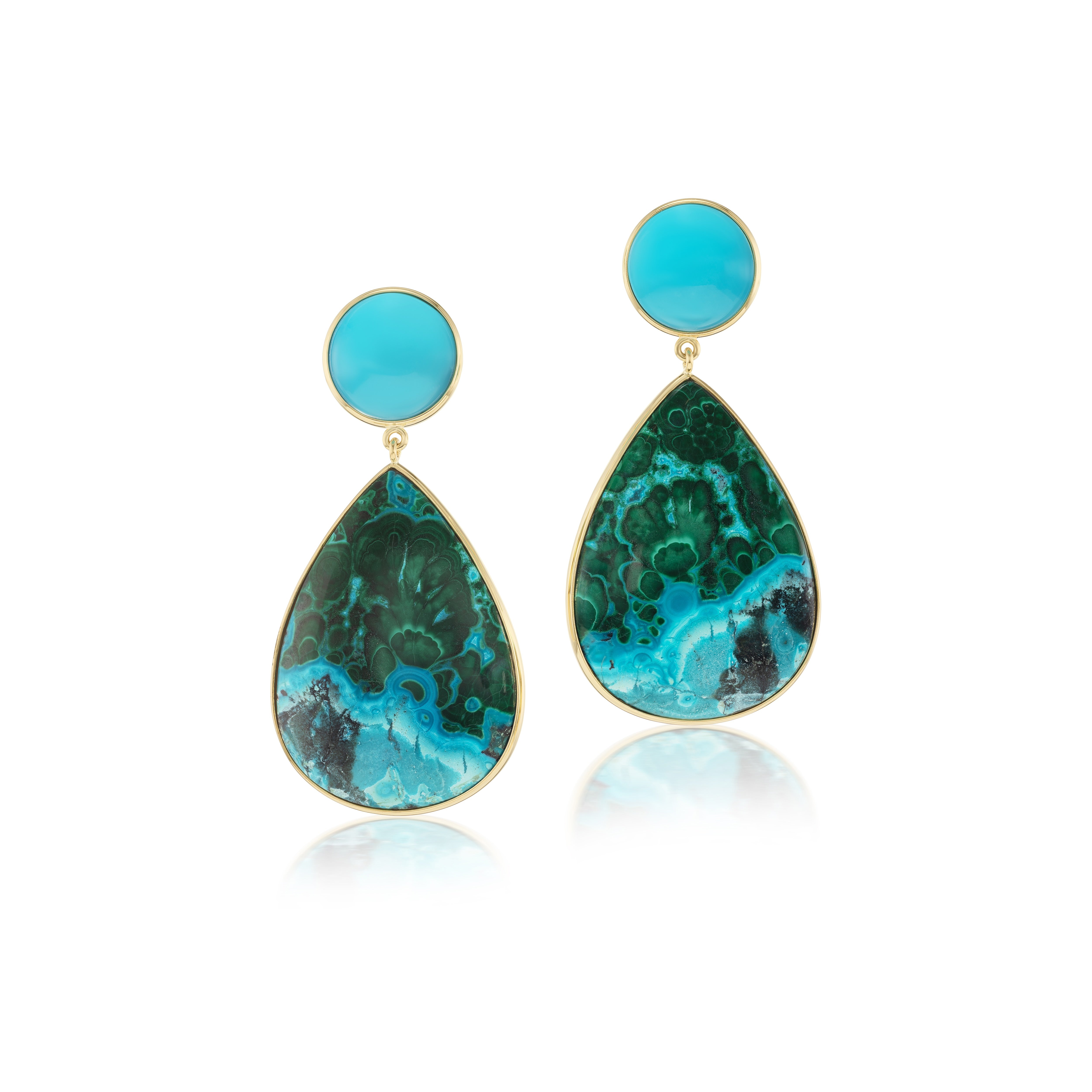 18k yellow gold cabochon turquoise and chrysocolla malachite drop pear earrings by Tiny Gods