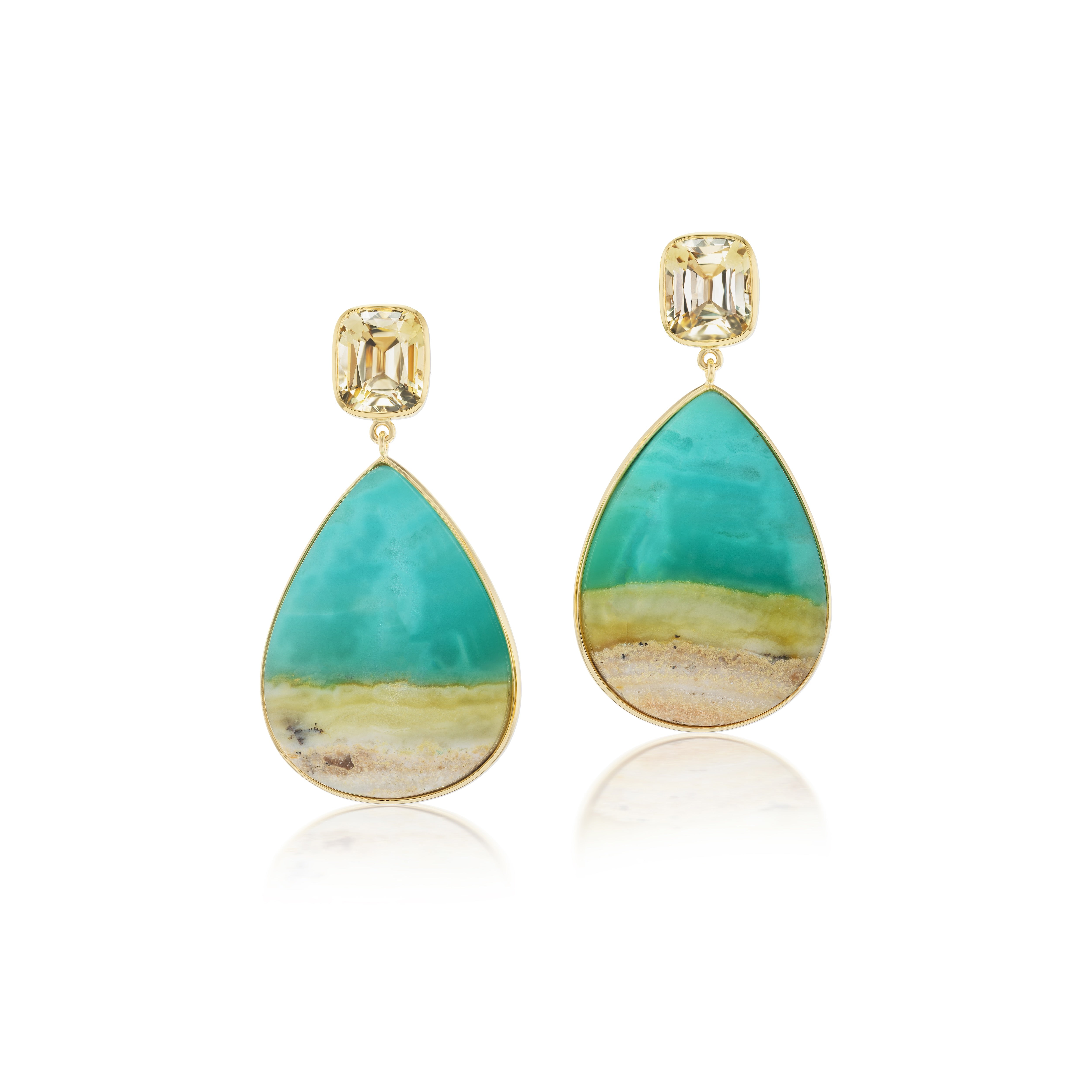 18k yellow gold water's edge cushion cut scapolite and Indonesian opalized wood drop earrings by Tiny Gods