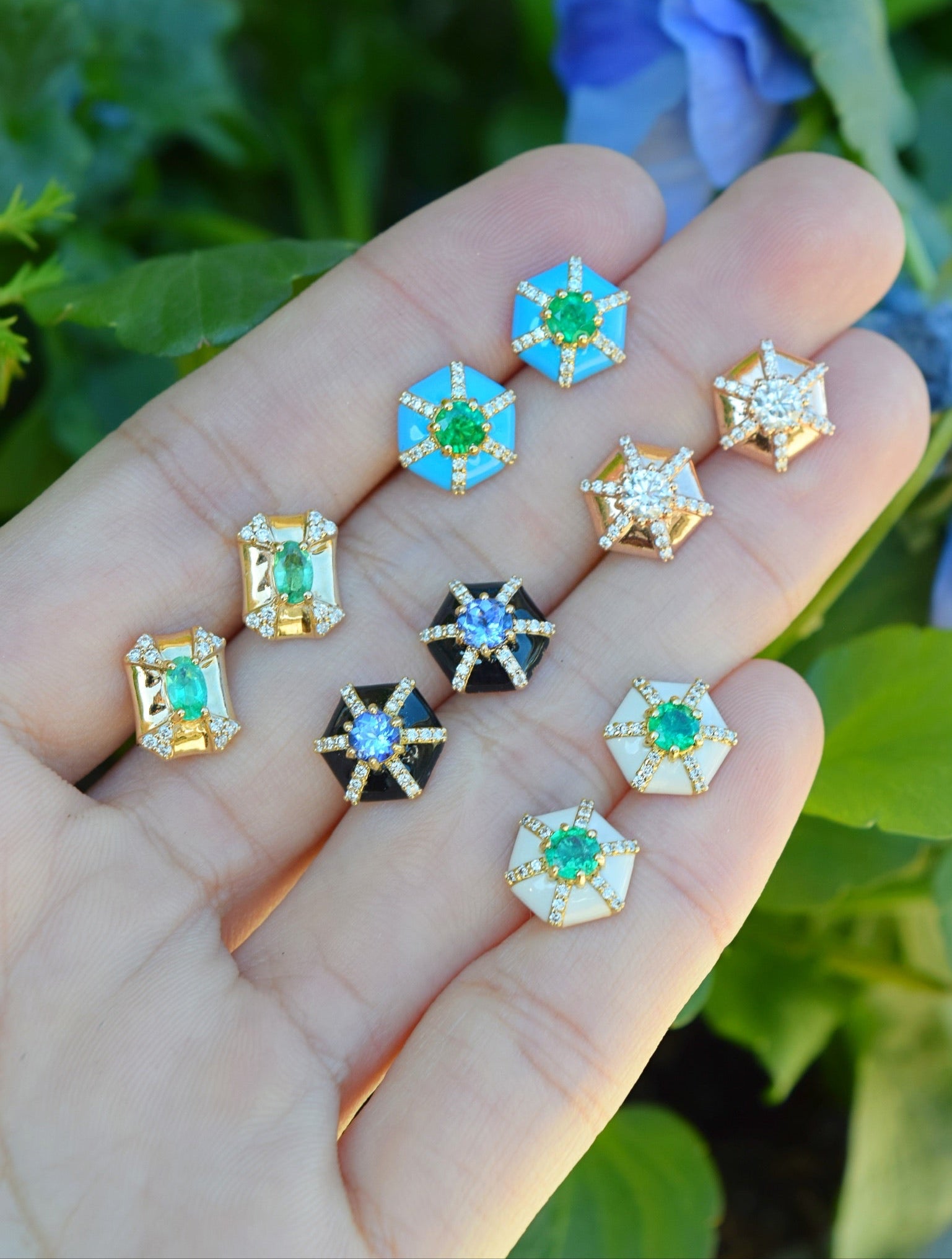 18k yellow gold white enamel diamond emerald queen hex stud earrings by Goshwara Tiny Gods