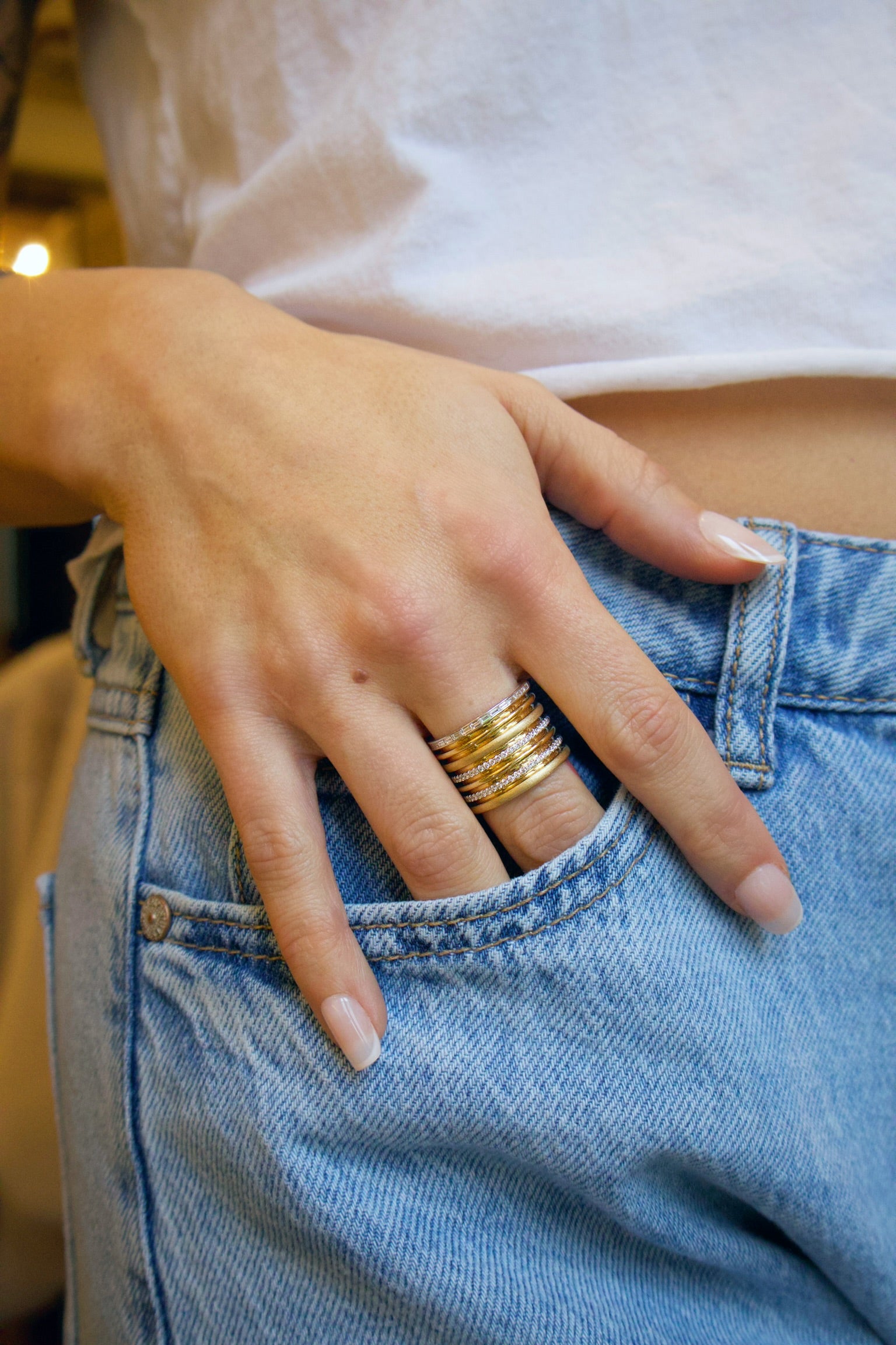 14k white and yellow gold large tourbillon ring with diamonds and baguette diamonds by Rainbow K Tiny Gods