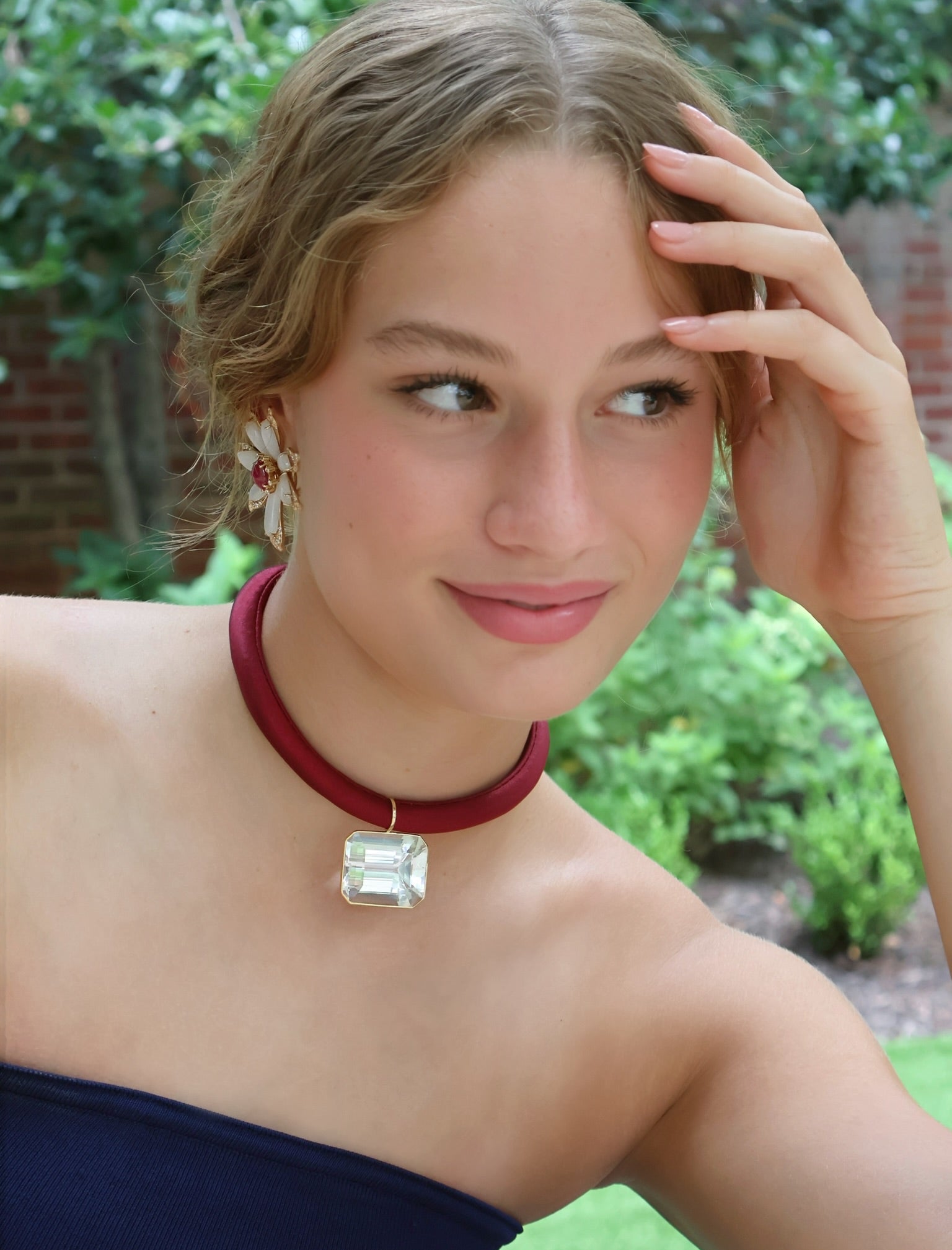 18k yellow gold white moonstone ruby diamond flower blossom large statement earrings by Tallin Tiny Gods