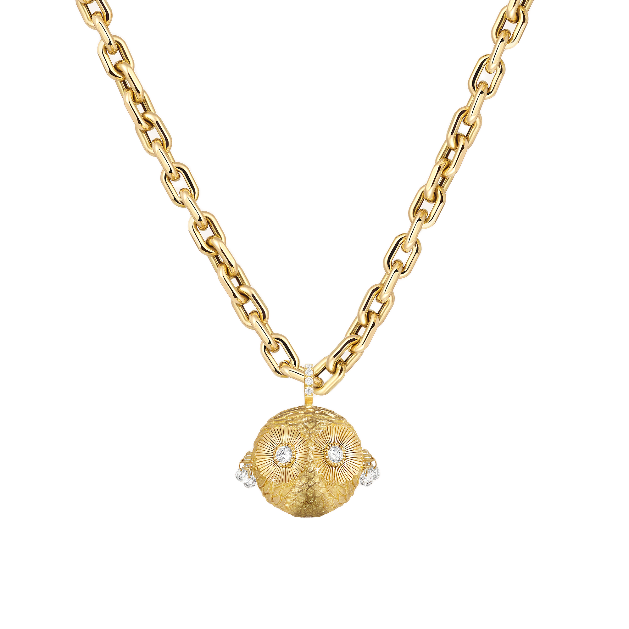 18k yellow gold diamond XL chouette owl pendant with diamond wings by Salome Rico Tiny Gods