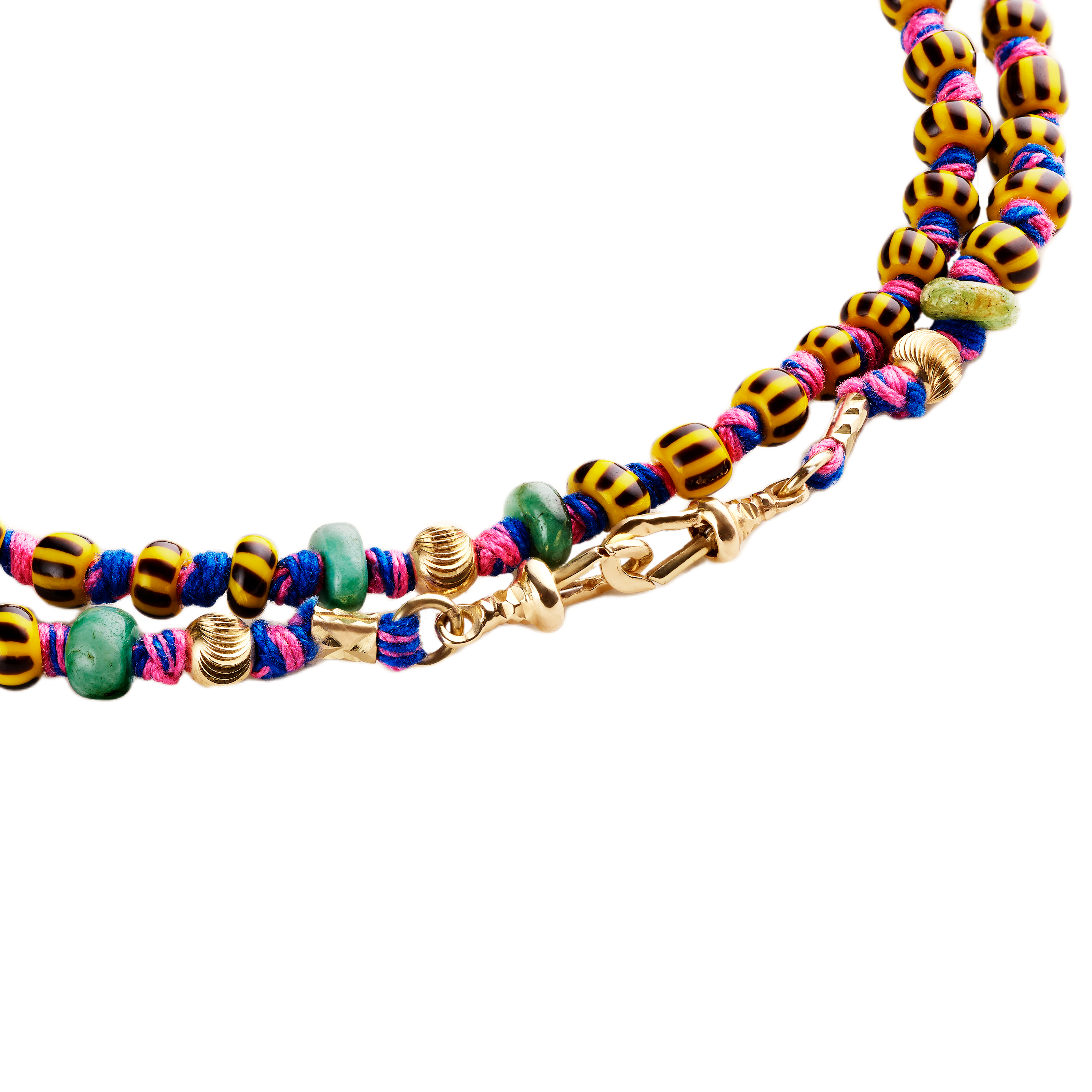 9k yellow gold yellow and black striped beads tied with pink and blue cord beaded necklace by Marie Lichtenberg Ghana Mauli cord