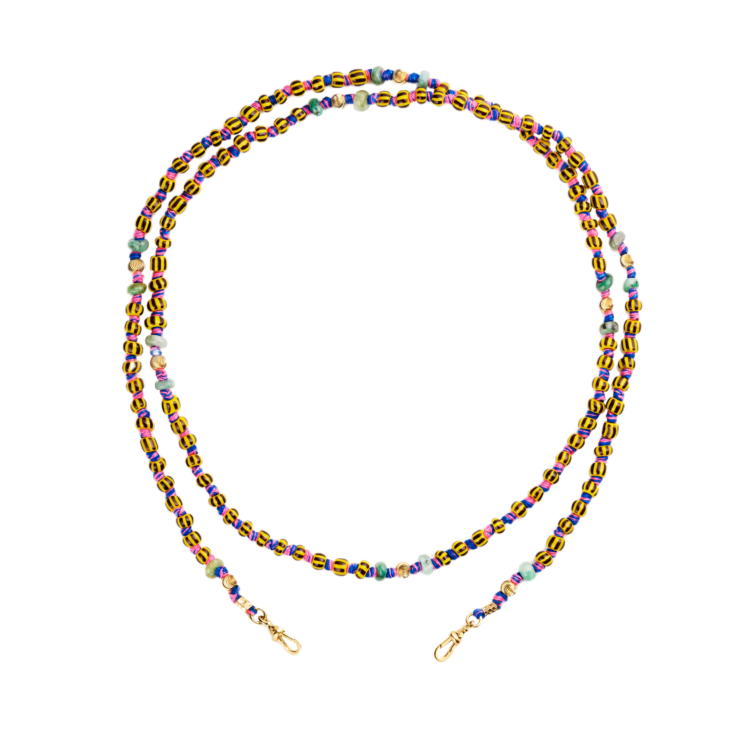9k yellow gold yellow and black striped beads tied with pink and blue cord beaded necklace by Marie Lichtenberg Ghana Mauli cord