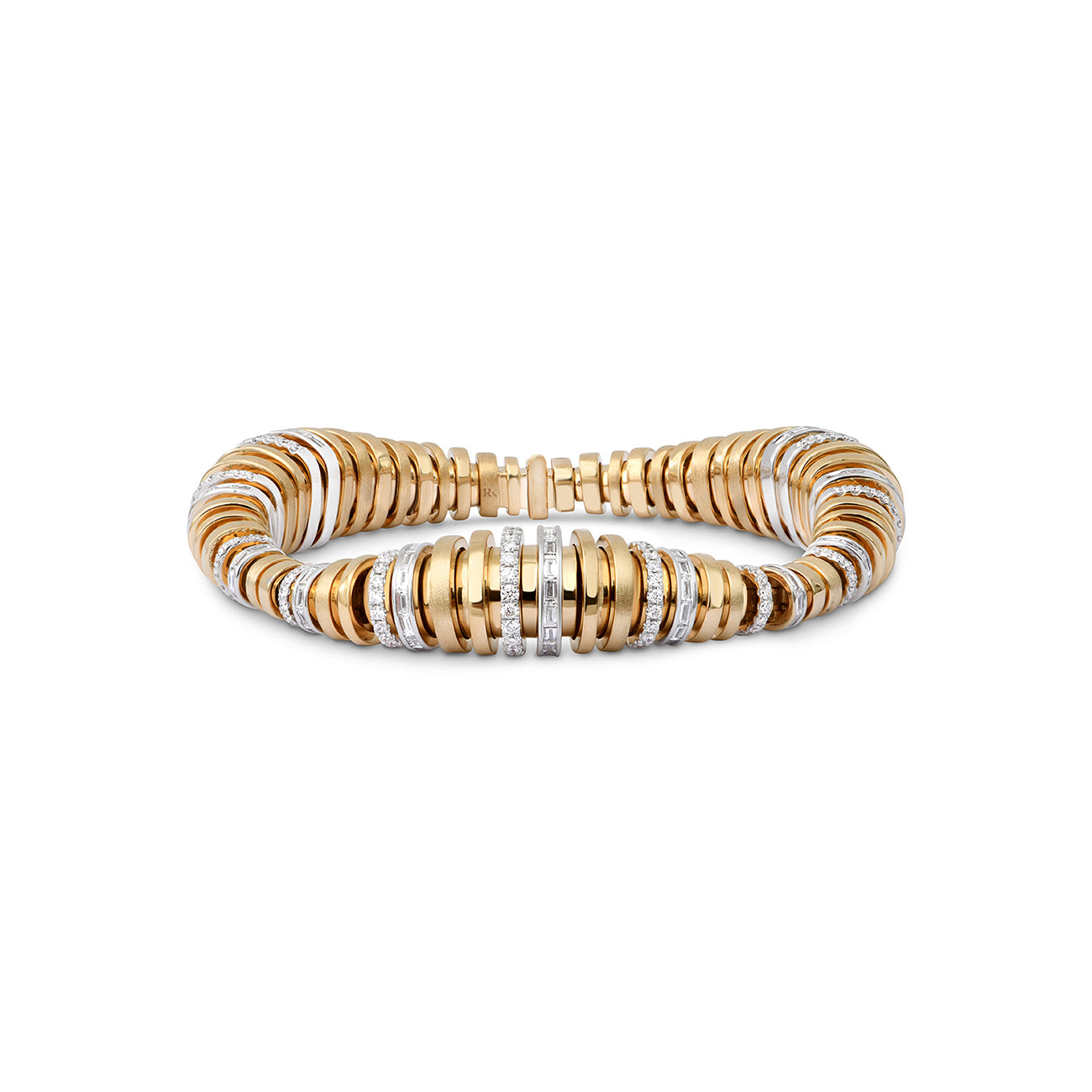 14k yellow and white gold diamond baguette small tourbillon bracelet by Rainbow K Tiny Gods