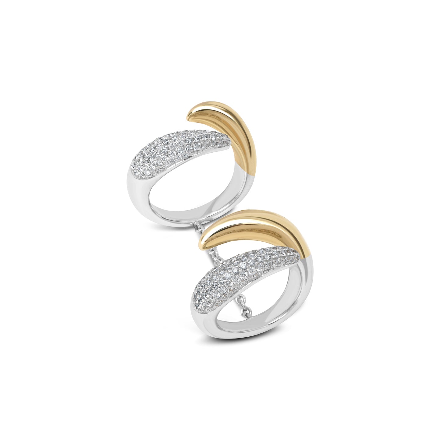 14k yellow and white gold diamond double drop connected chain ring by Rainbow K Tiny Gods